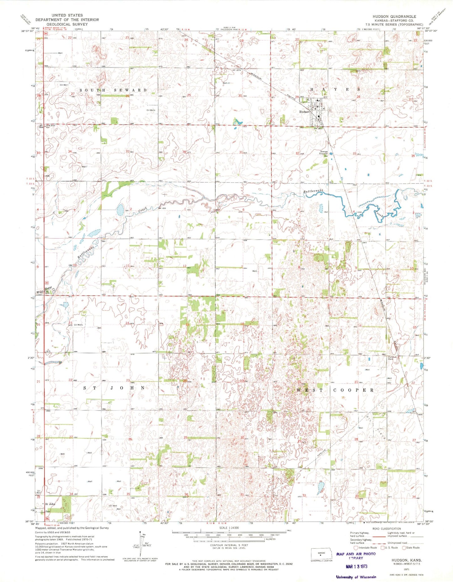 Classic USGS Hudson Kansas 7.5'x7.5' Topo Map Image