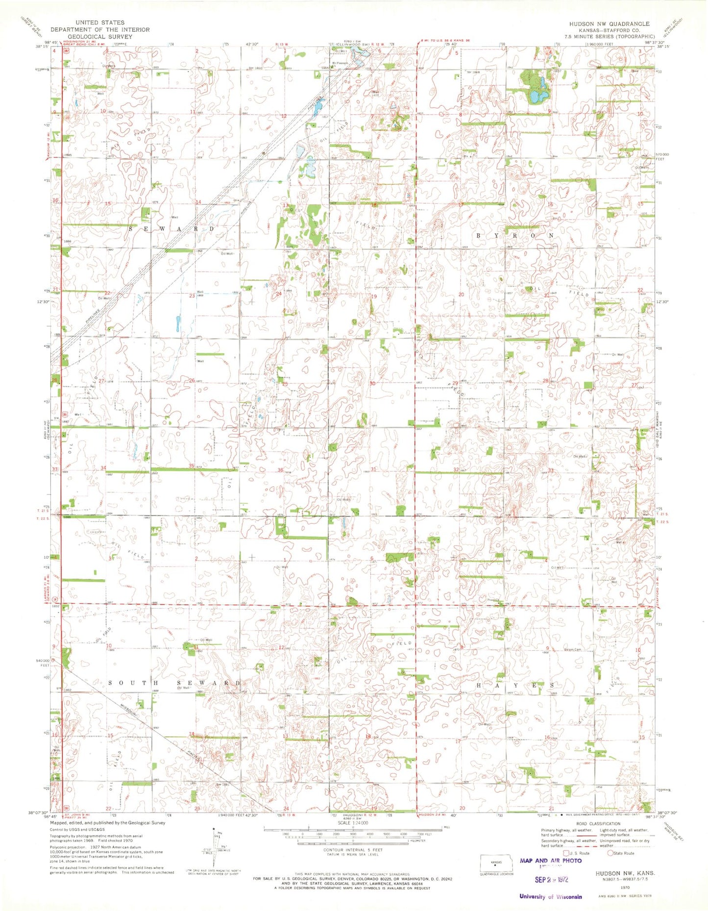 Classic USGS Hudson NW Kansas 7.5'x7.5' Topo Map Image