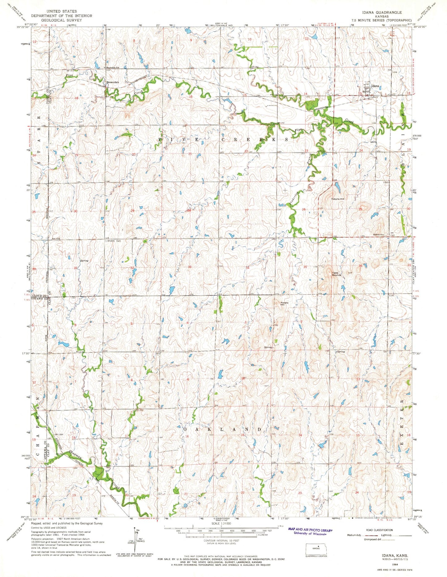 Classic USGS Idana Kansas 7.5'x7.5' Topo Map Image
