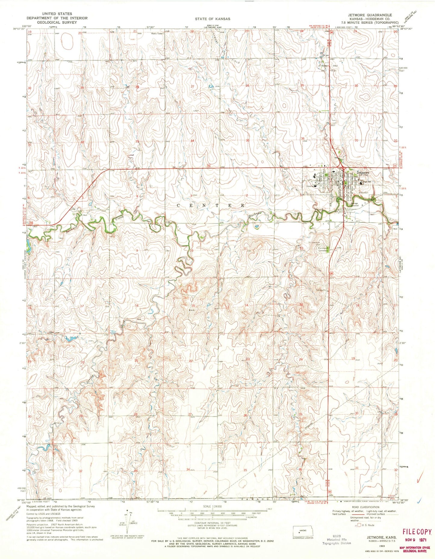 Classic USGS Jetmore Kansas 7.5'x7.5' Topo Map Image