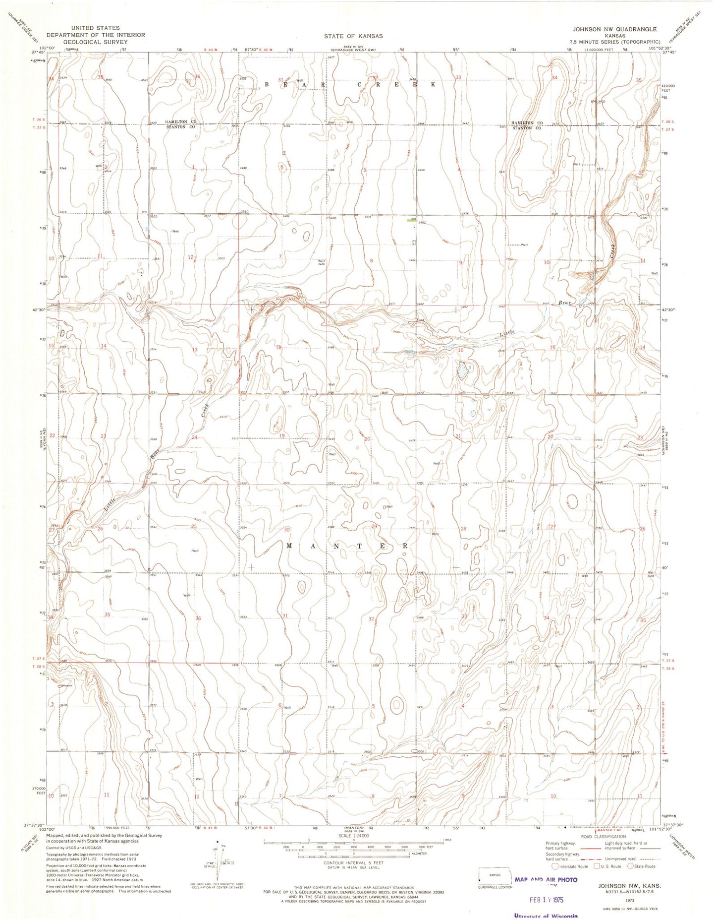 Classic USGS Johnson NW Kansas 7.5'x7.5' Topo Map Image