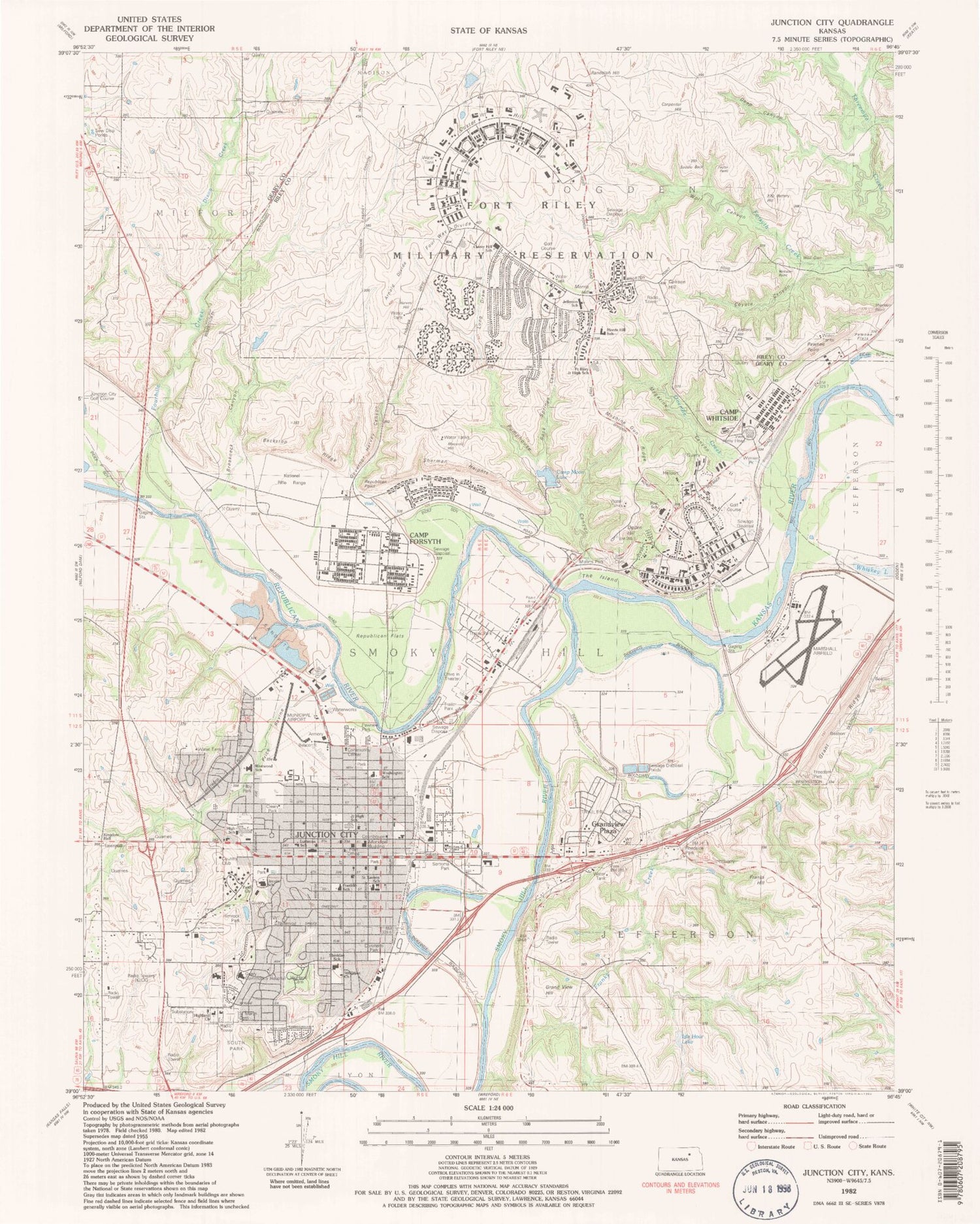 Classic USGS Junction City Kansas 7.5'x7.5' Topo Map Image