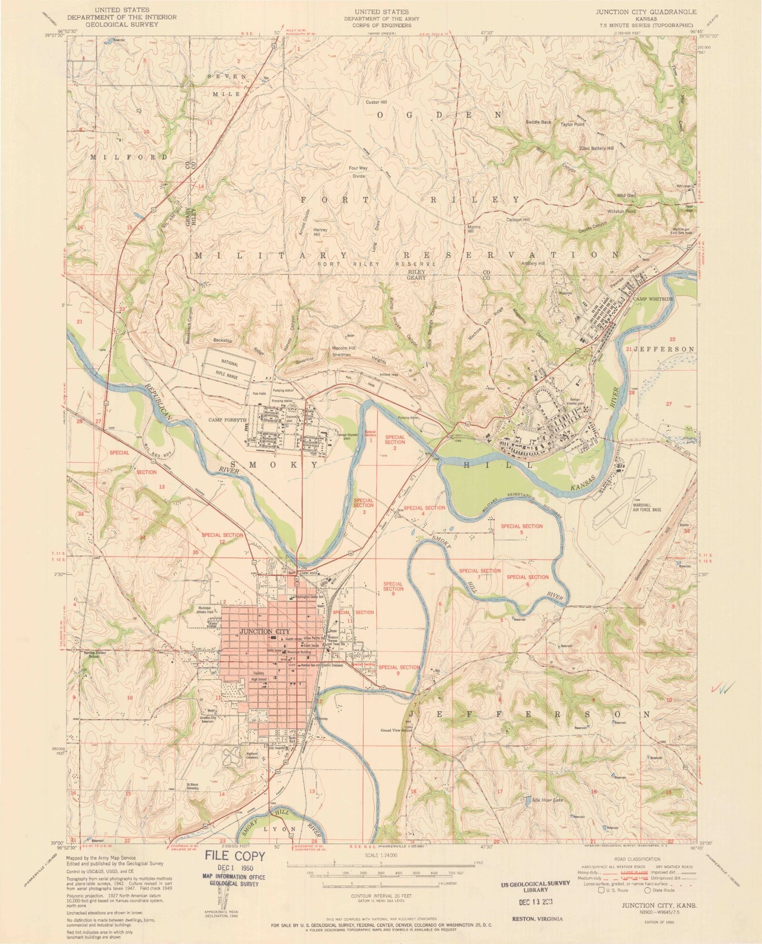 Classic USGS Junction City Kansas 7.5'x7.5' Topo Map Image