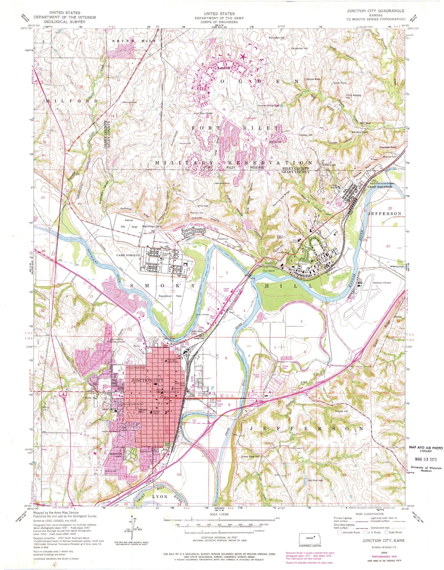 Classic USGS Junction City Kansas 7.5'x7.5' Topo Map Image