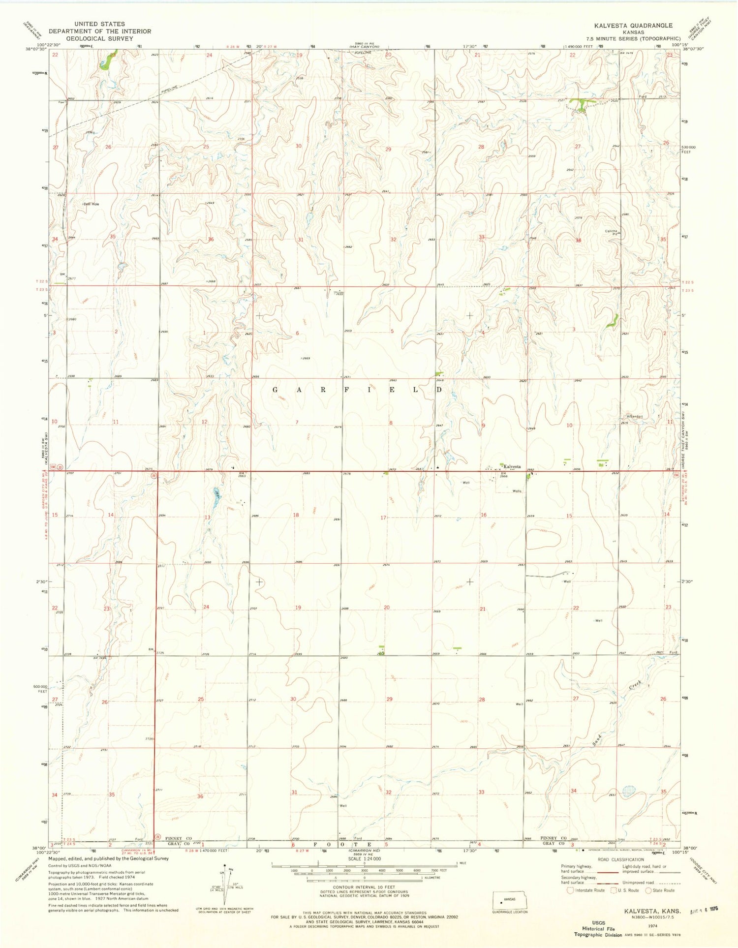 Classic USGS Kalvesta Kansas 7.5'x7.5' Topo Map Image
