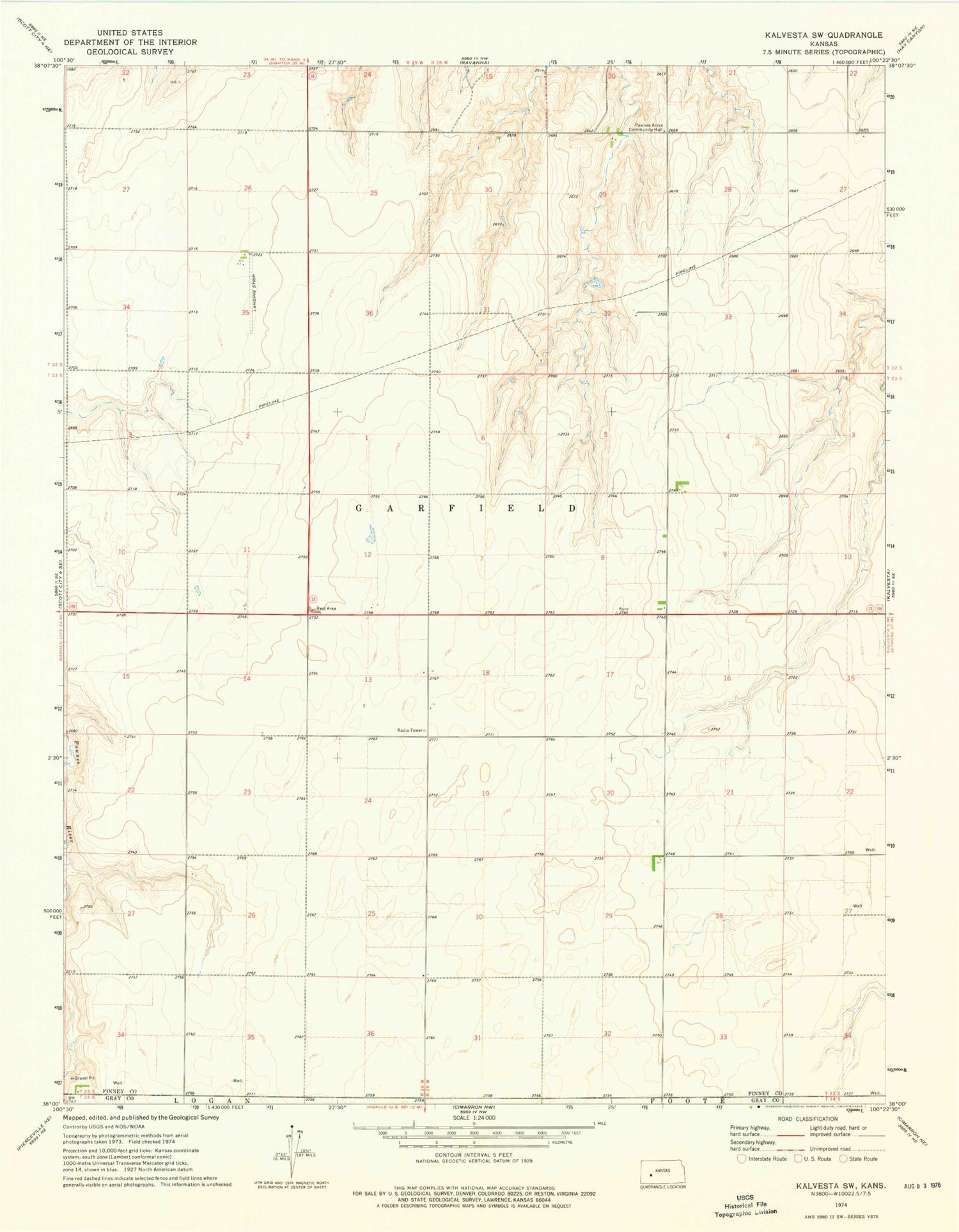 Classic USGS Kalvesta SW Kansas 7.5'x7.5' Topo Map Image
