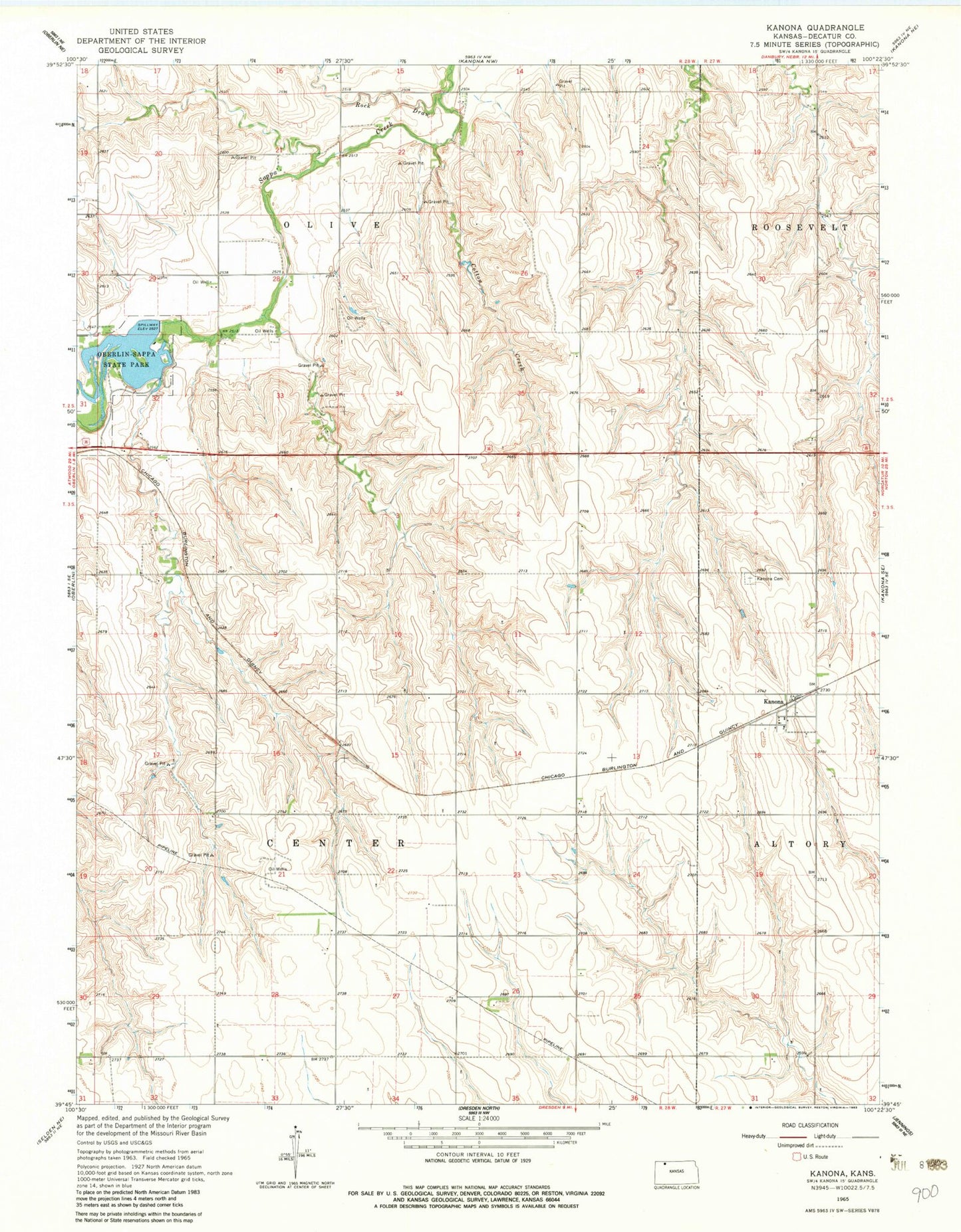 Classic USGS Kanona Kansas 7.5'x7.5' Topo Map Image