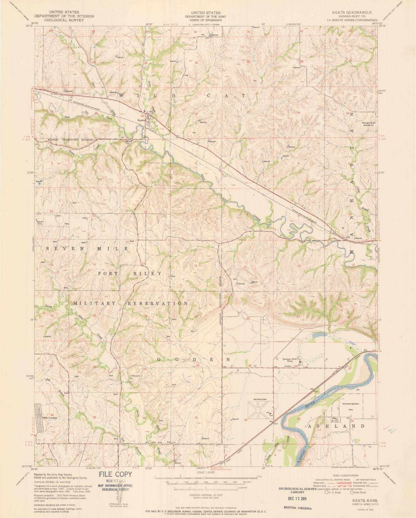 Classic USGS Keats Kansas 7.5'x7.5' Topo Map Image