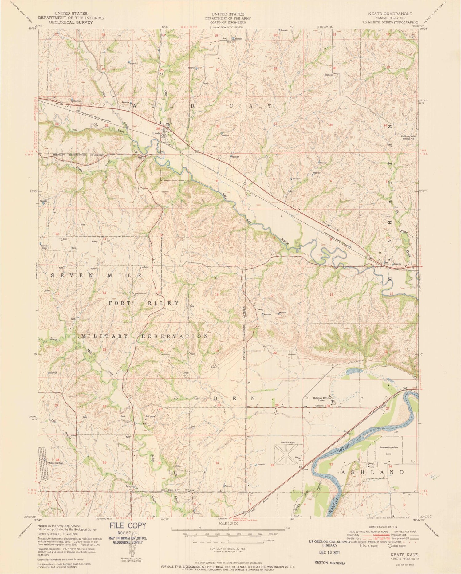 Classic USGS Keats Kansas 7.5'x7.5' Topo Map Image