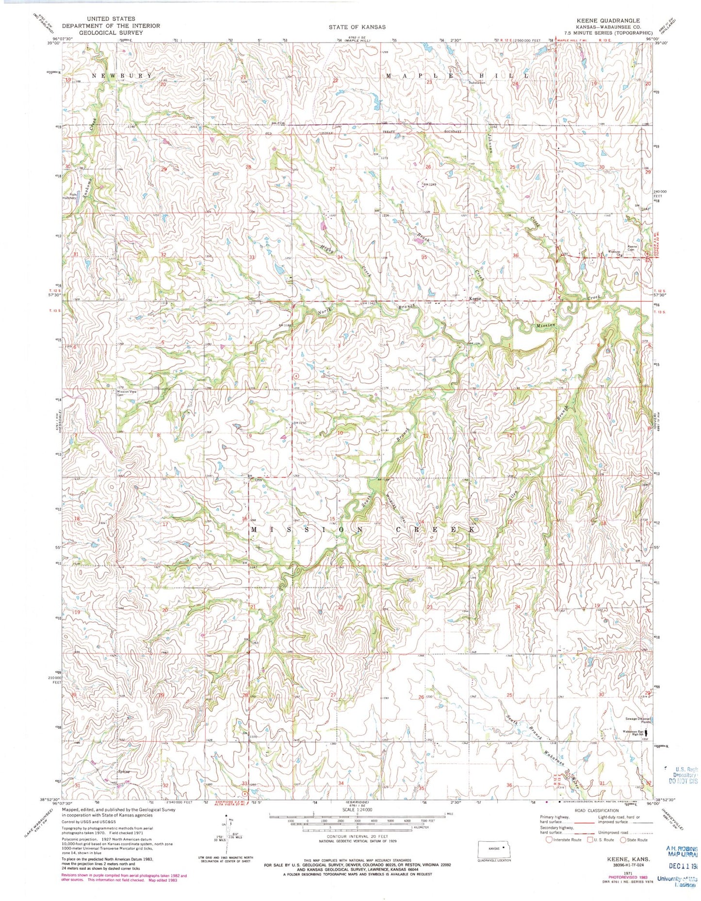 Classic USGS Keene Kansas 7.5'x7.5' Topo Map Image