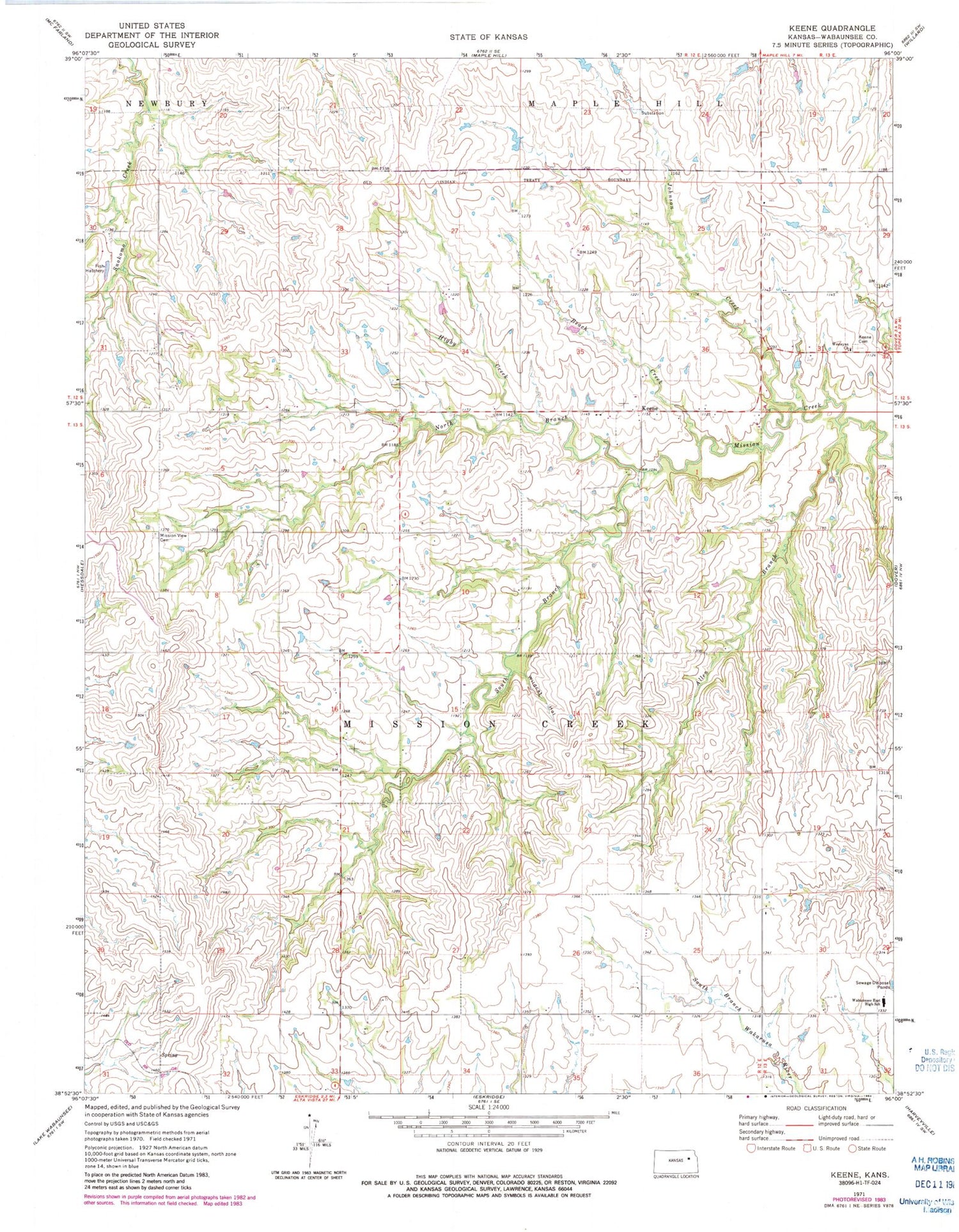 Classic USGS Keene Kansas 7.5'x7.5' Topo Map Image