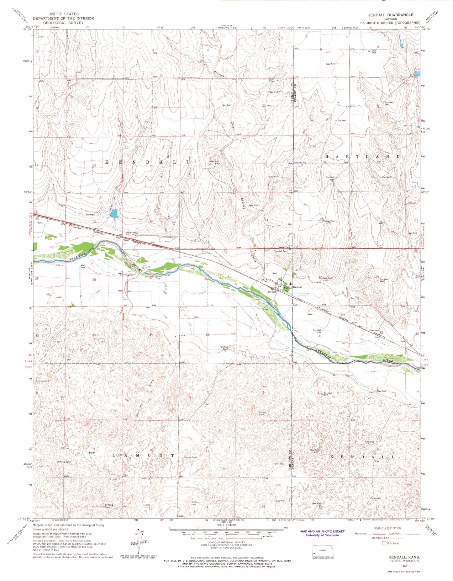 Classic USGS Kendall Kansas 7.5'x7.5' Topo Map Image