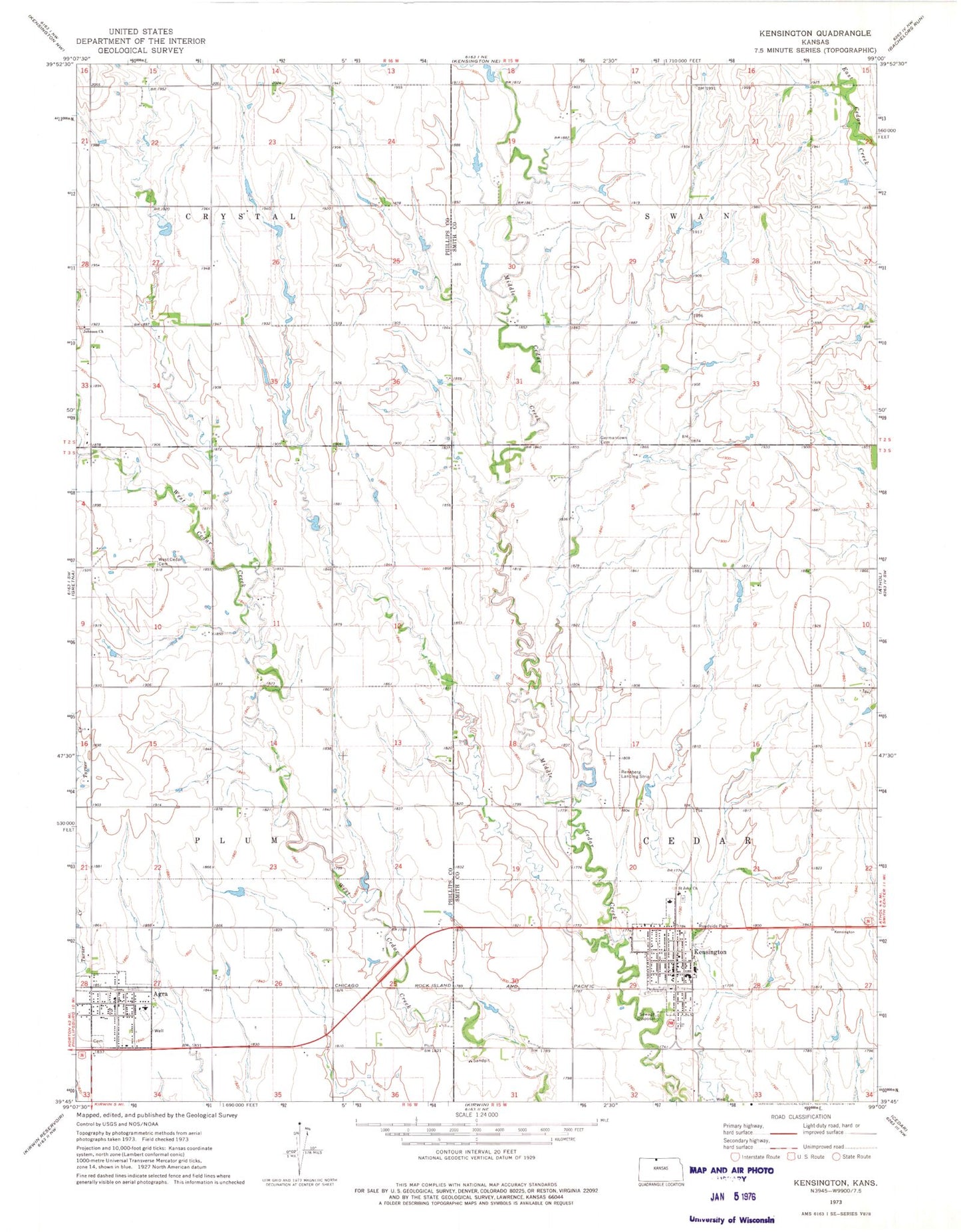 Classic USGS Kensington Kansas 7.5'x7.5' Topo Map Image