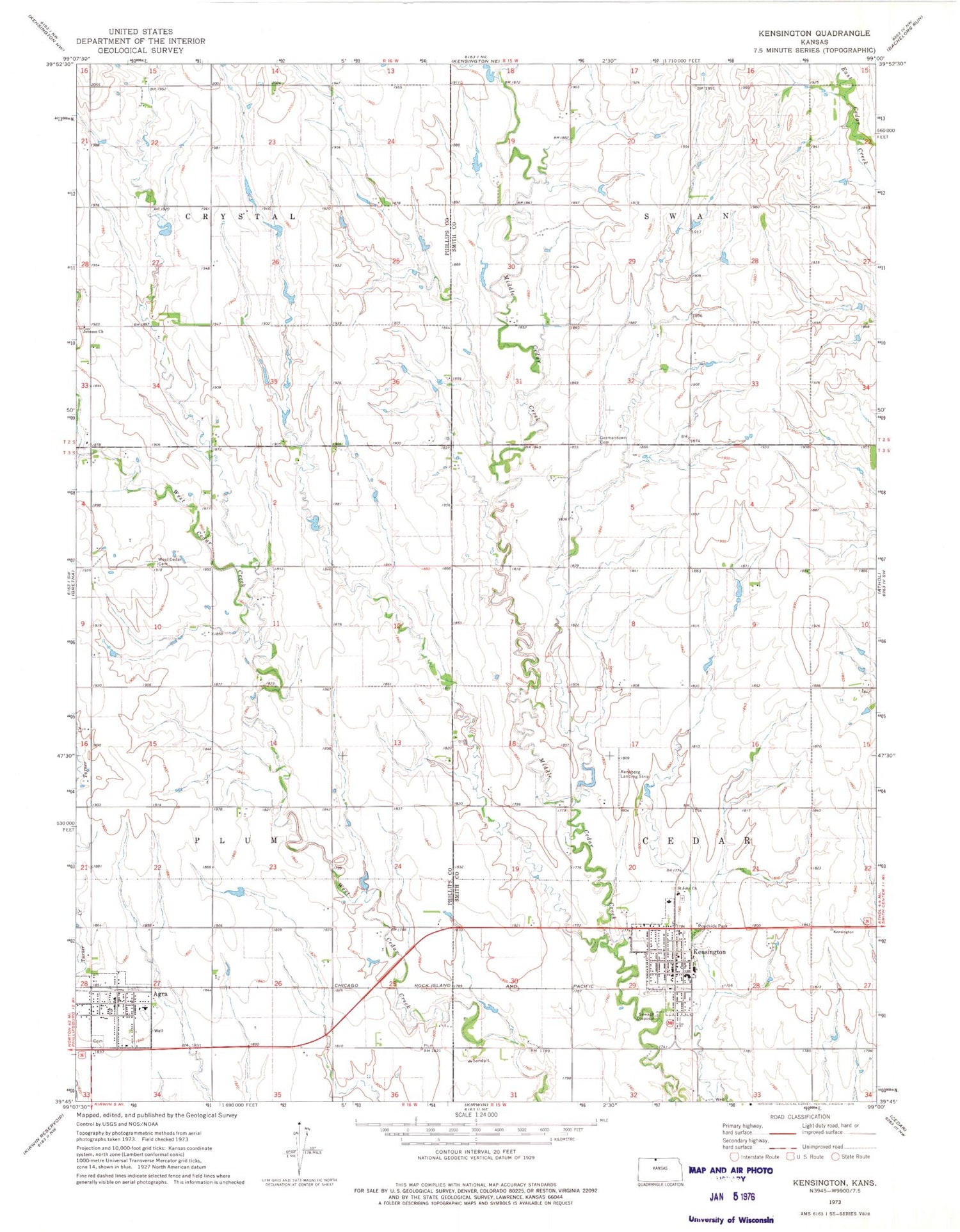 Classic USGS Kensington Kansas 7.5'x7.5' Topo Map Image