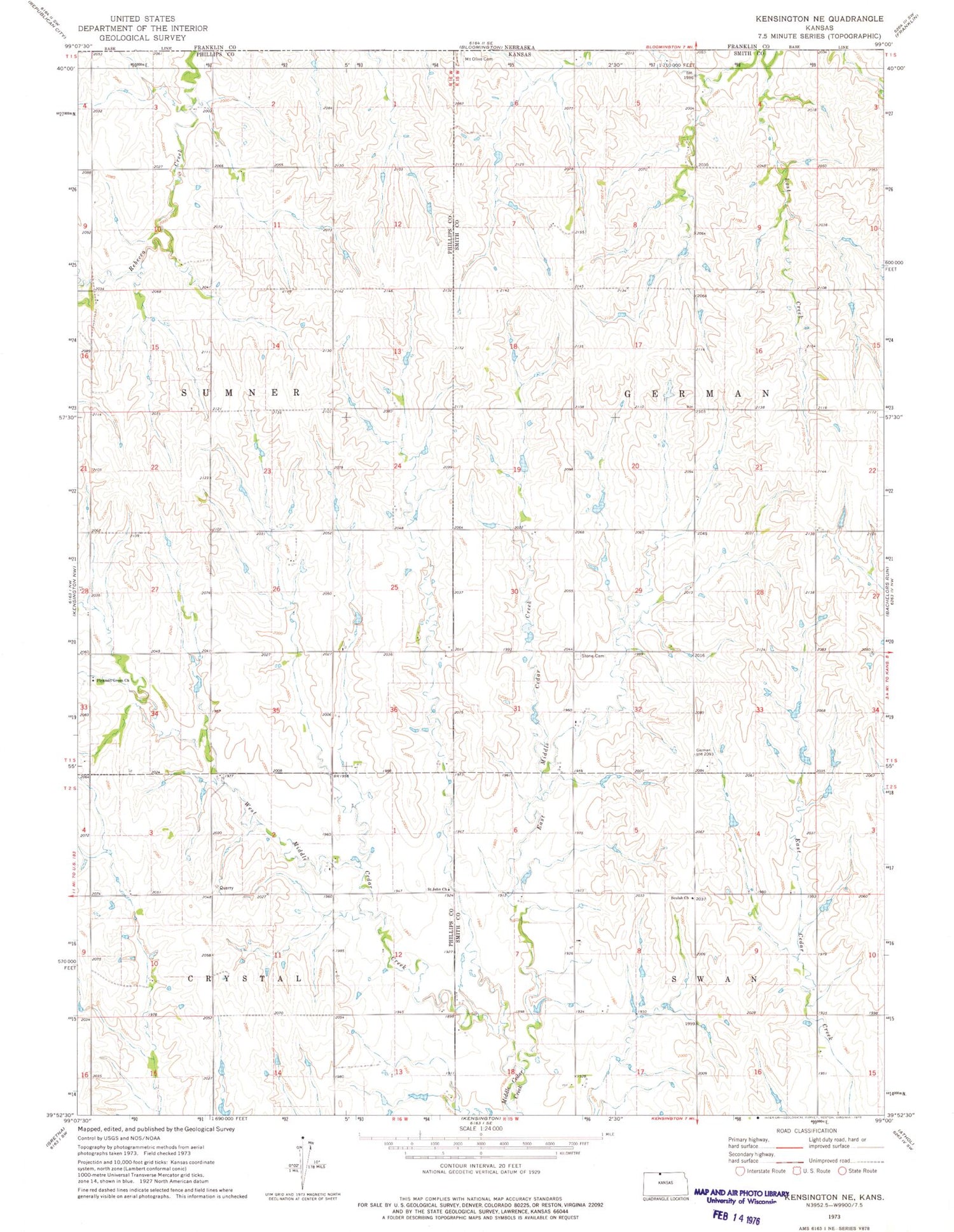Classic USGS Kensington NE Kansas 7.5'x7.5' Topo Map Image