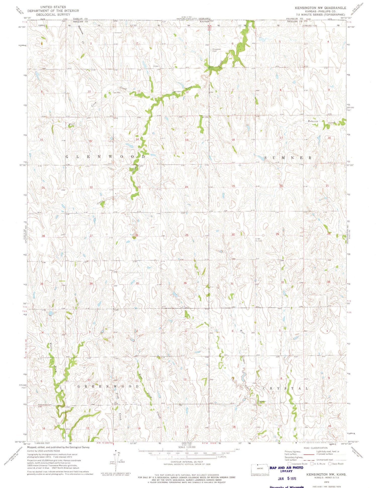 Classic USGS Kensington NW Kansas 7.5'x7.5' Topo Map Image