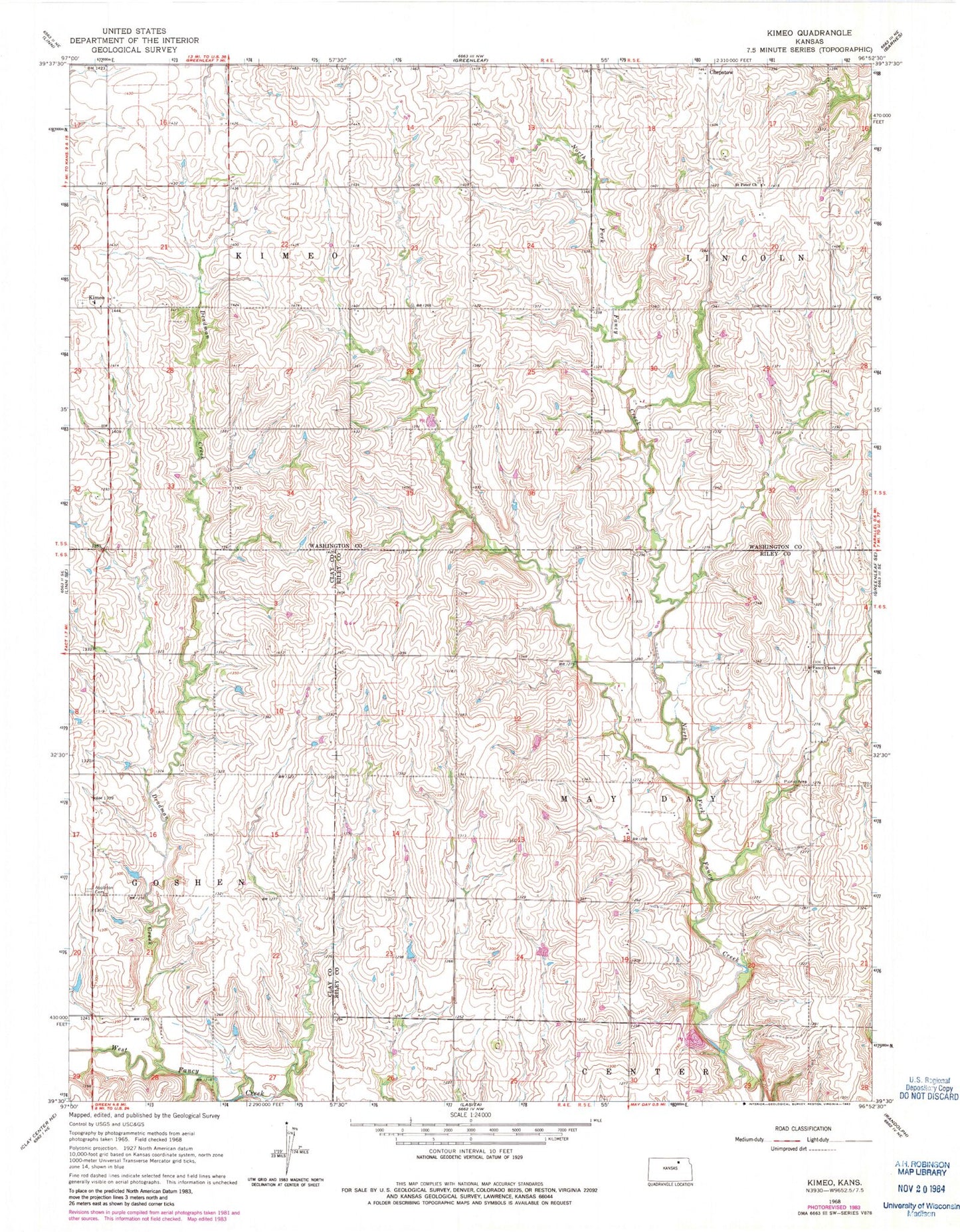 Classic USGS Kimeo Kansas 7.5'x7.5' Topo Map Image