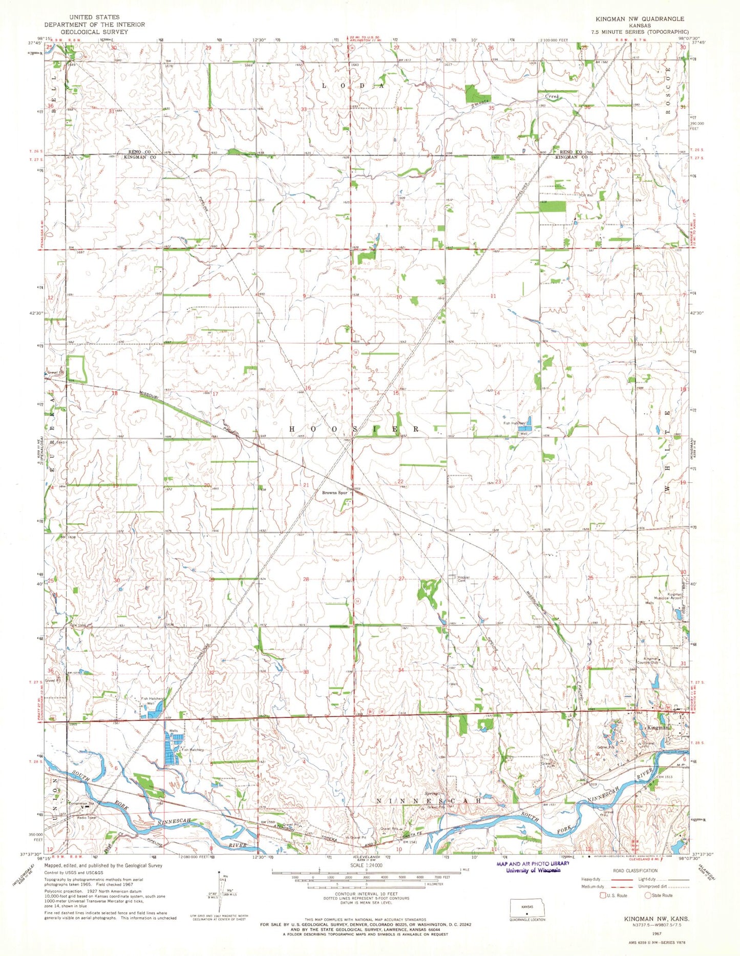 Classic USGS Kingman NW Kansas 7.5'x7.5' Topo Map Image