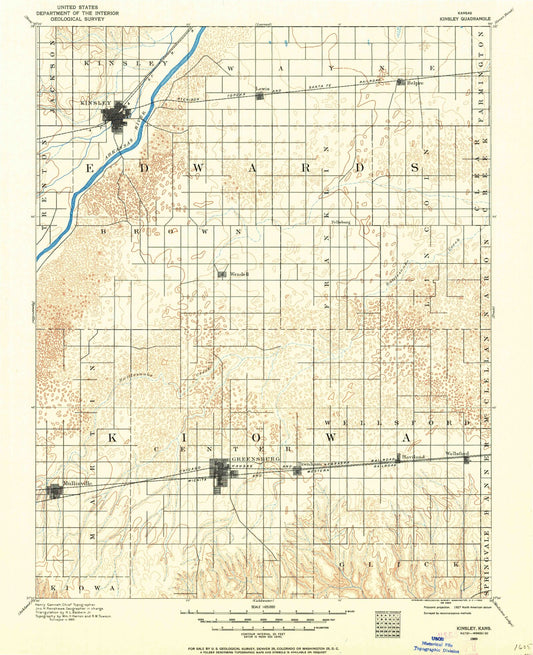 Historic 1889 Kinsley Kansas 30'x30' Topo Map Image