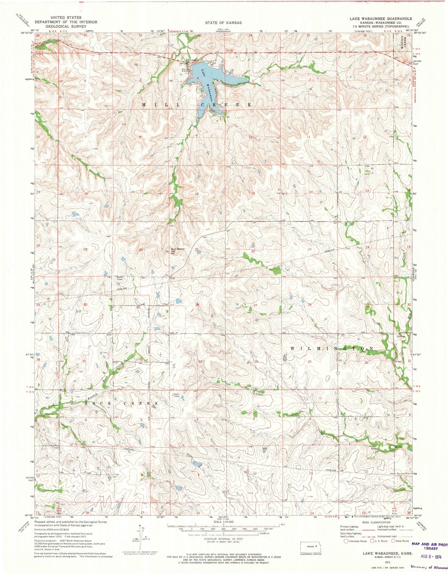 Classic USGS Lake Wabaunsee Kansas 7.5'x7.5' Topo Map Image