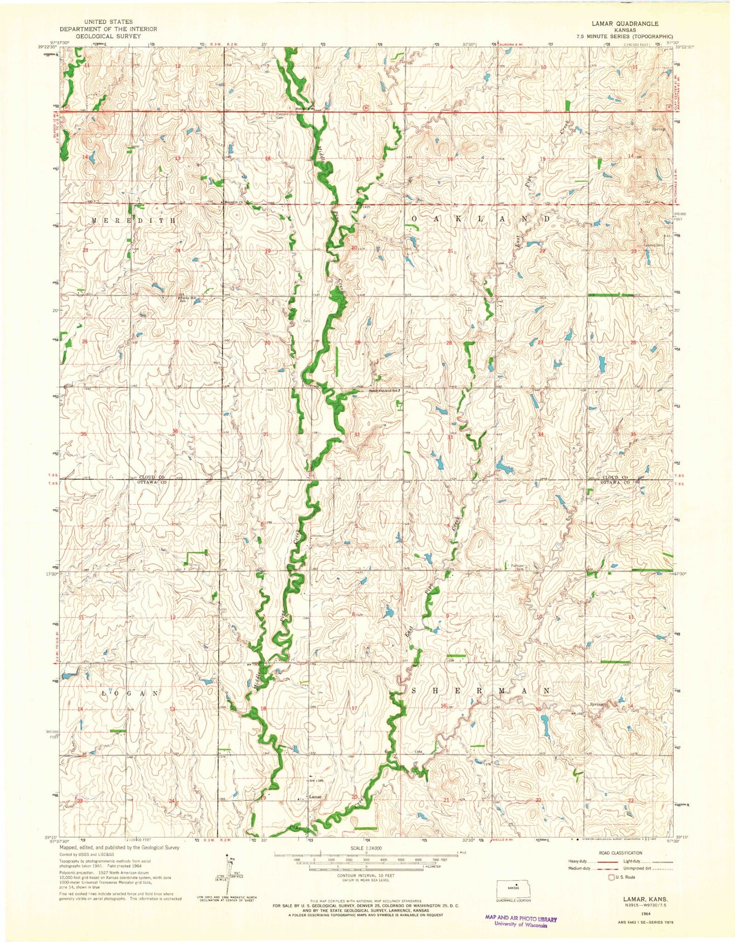 Classic USGS Lamar Kansas 7.5'x7.5' Topo Map Image