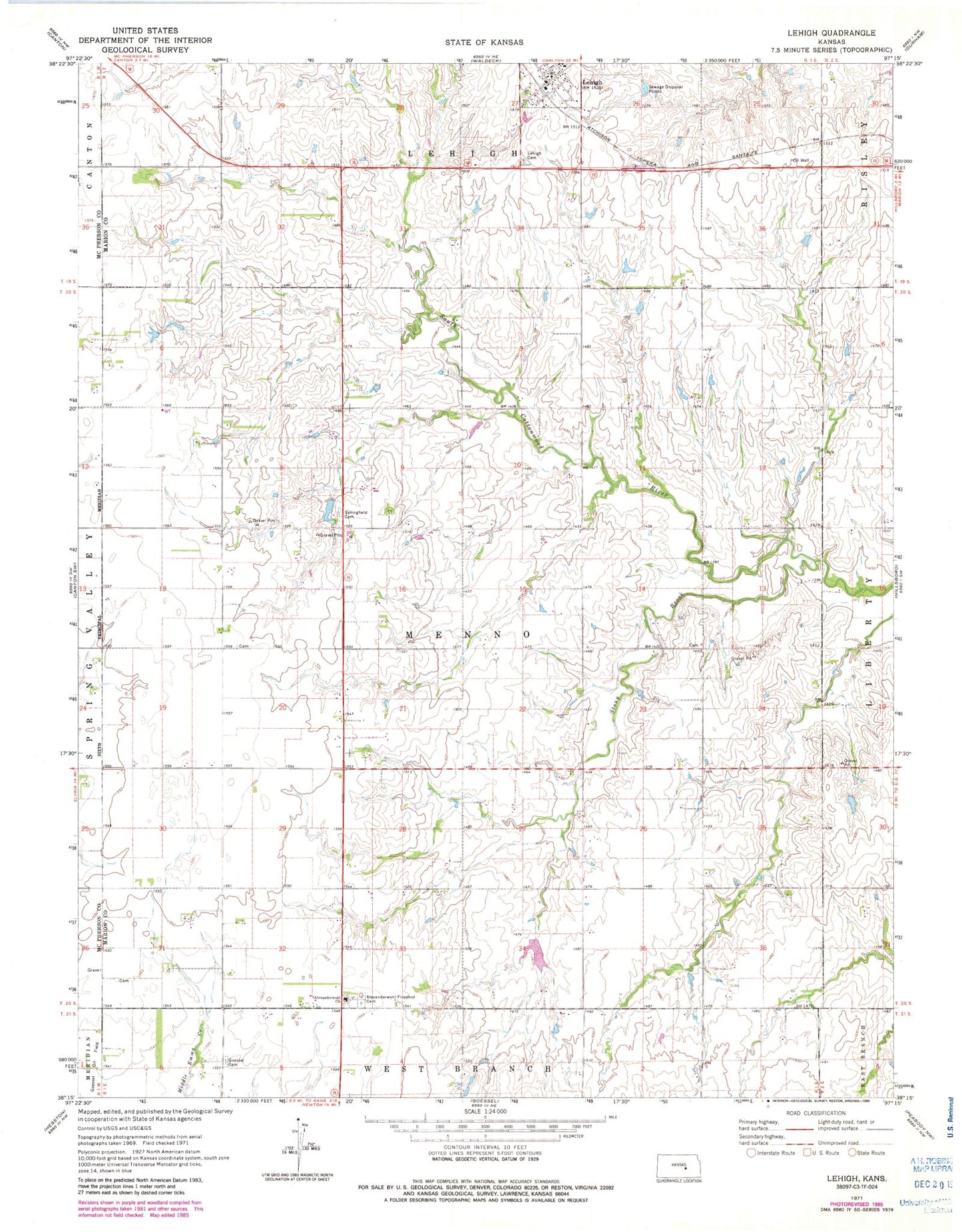 Classic USGS Lehigh Kansas 7.5'x7.5' Topo Map Image