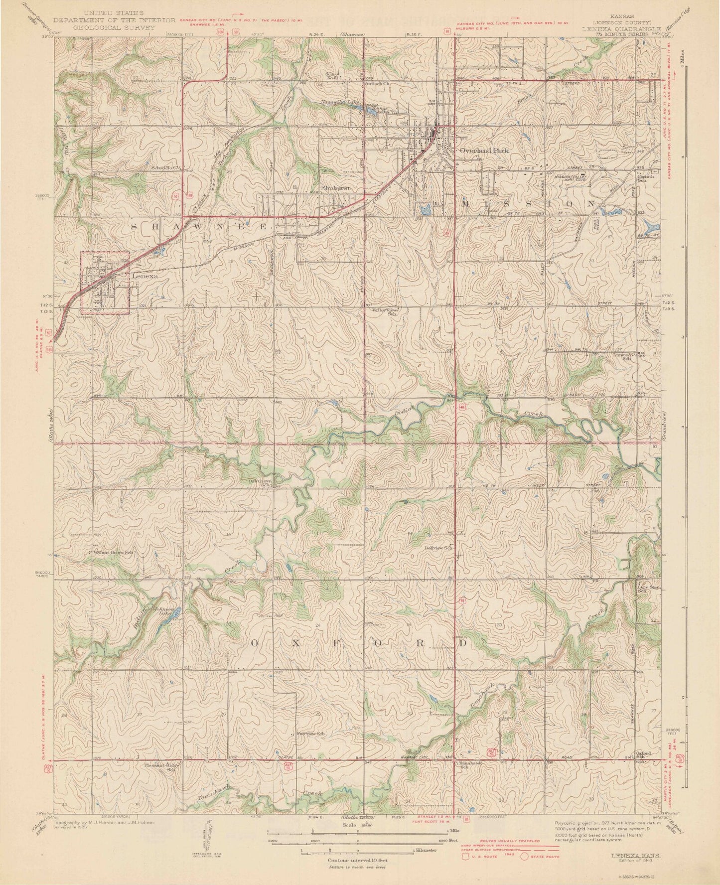Classic USGS Lenexa Kansas 7.5'x7.5' Topo Map Image