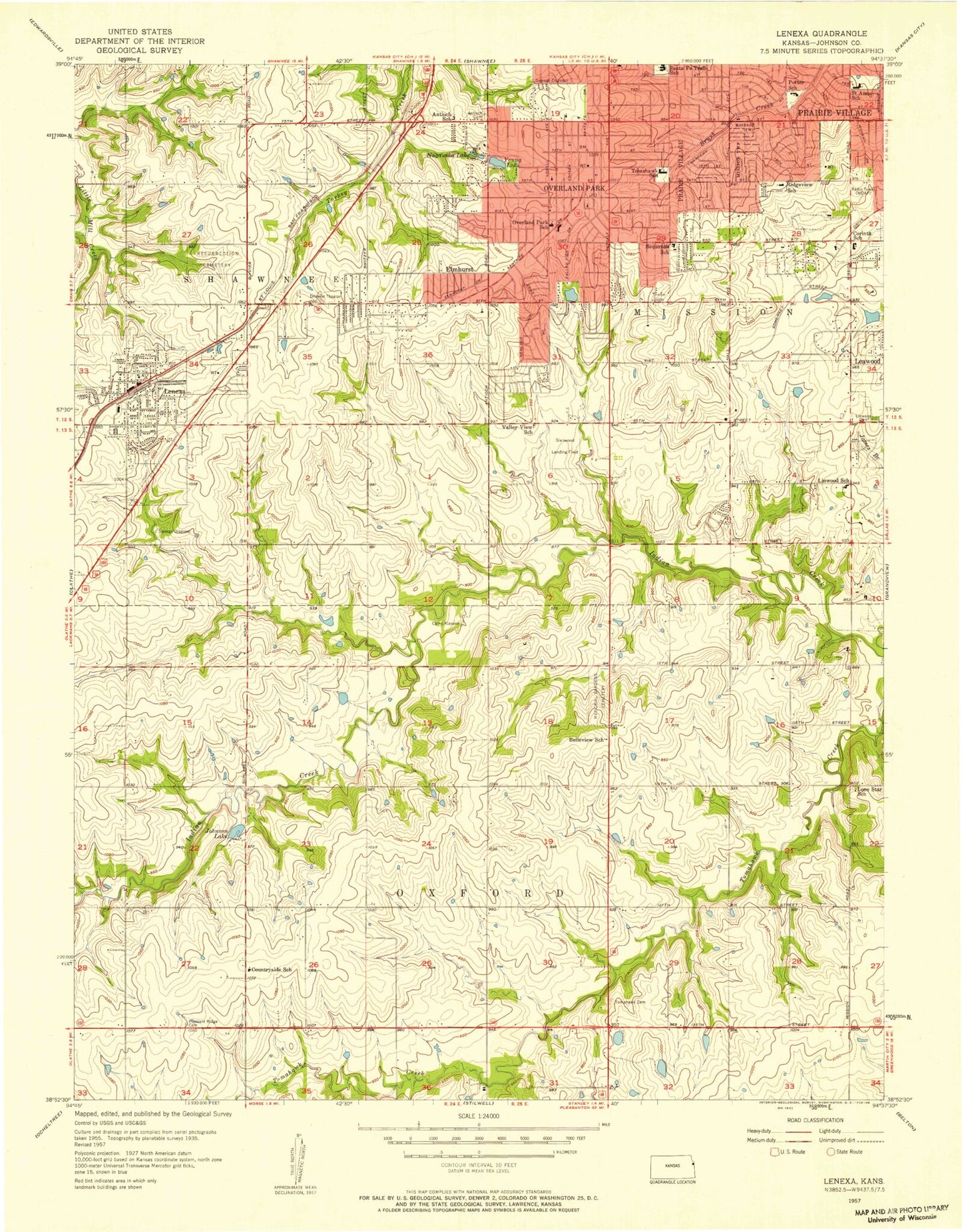 Classic USGS Lenexa Kansas 7.5'x7.5' Topo Map Image