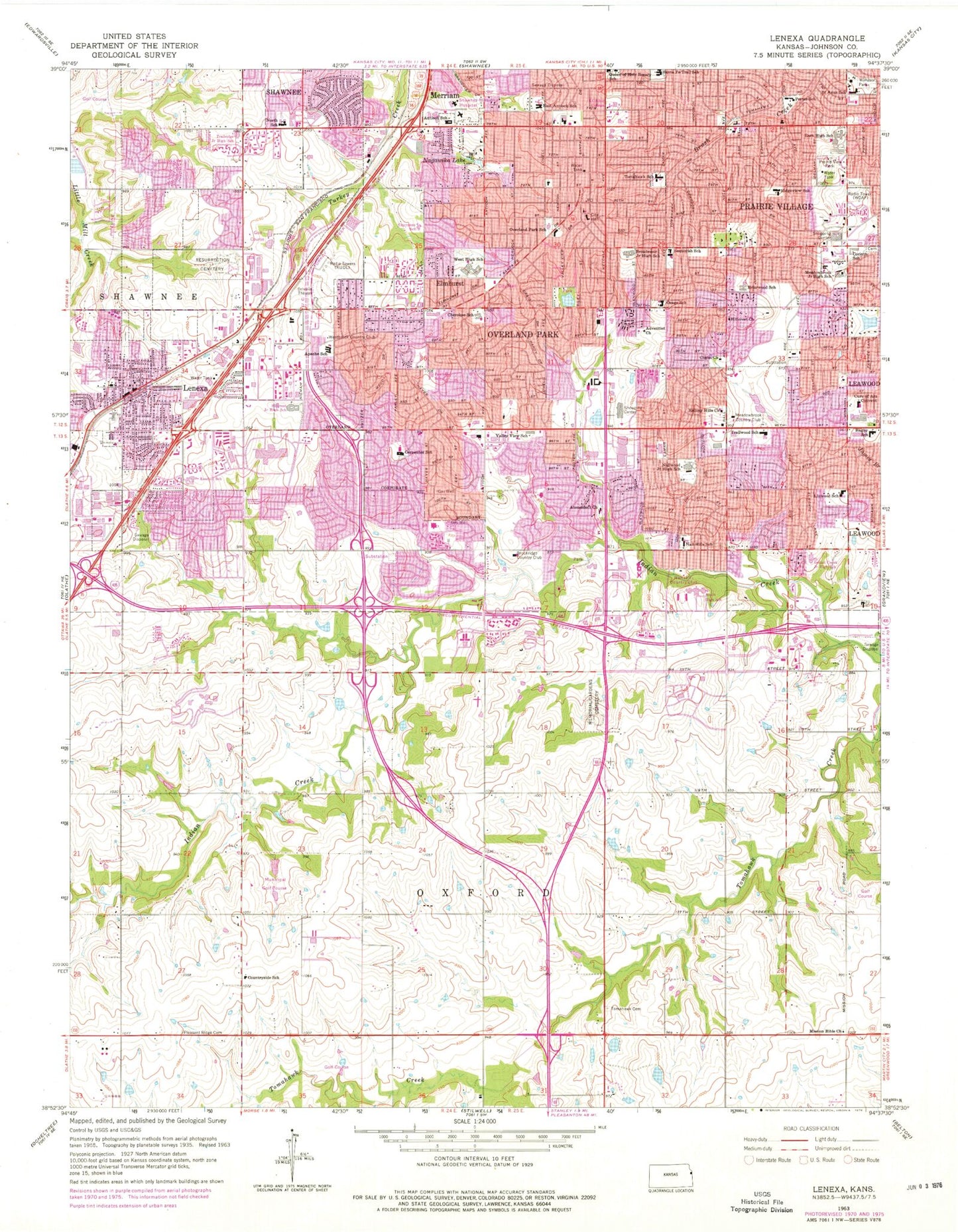 Classic USGS Lenexa Kansas 7.5'x7.5' Topo Map Image