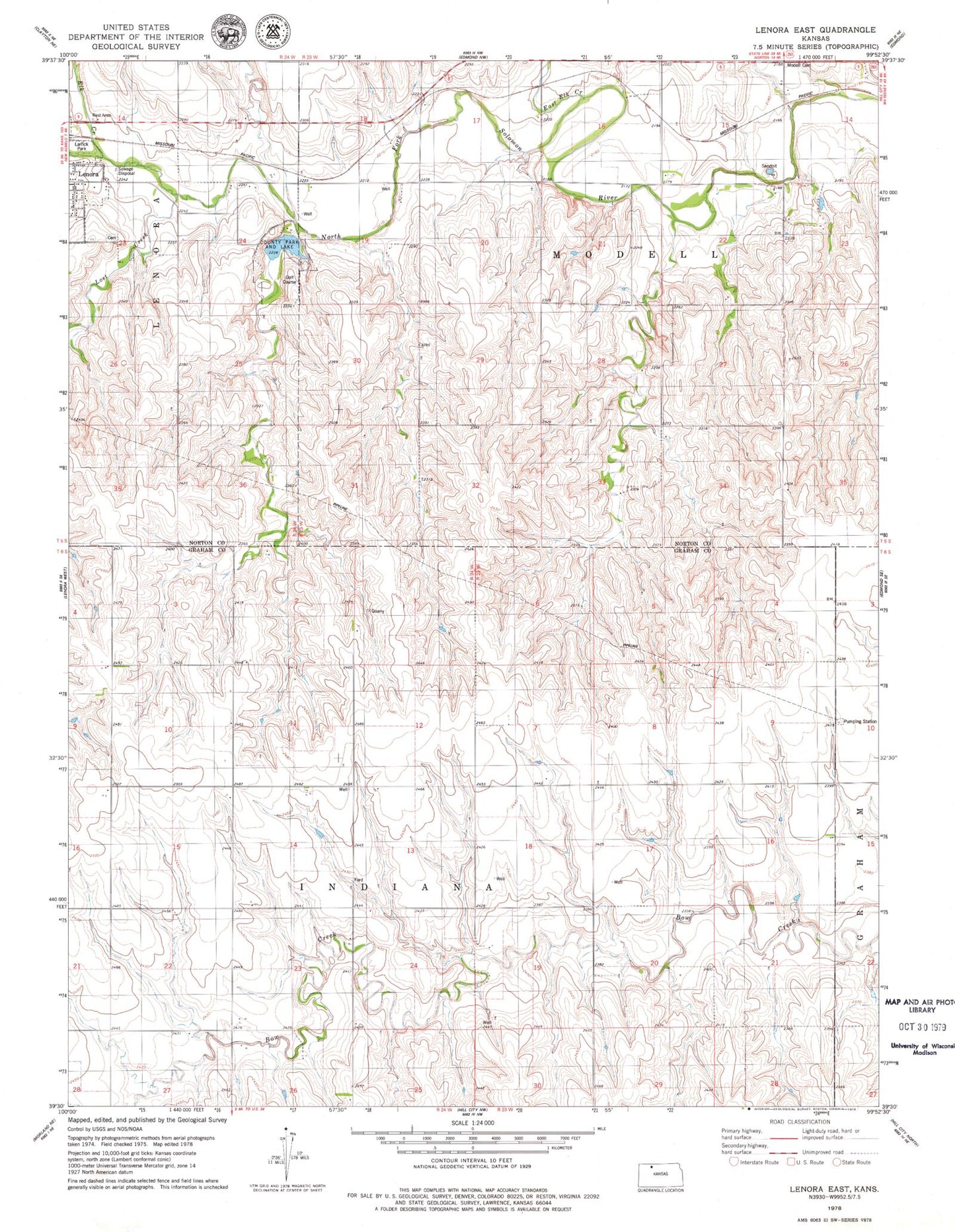 Classic USGS Lenora East Kansas 7.5'x7.5' Topo Map Image