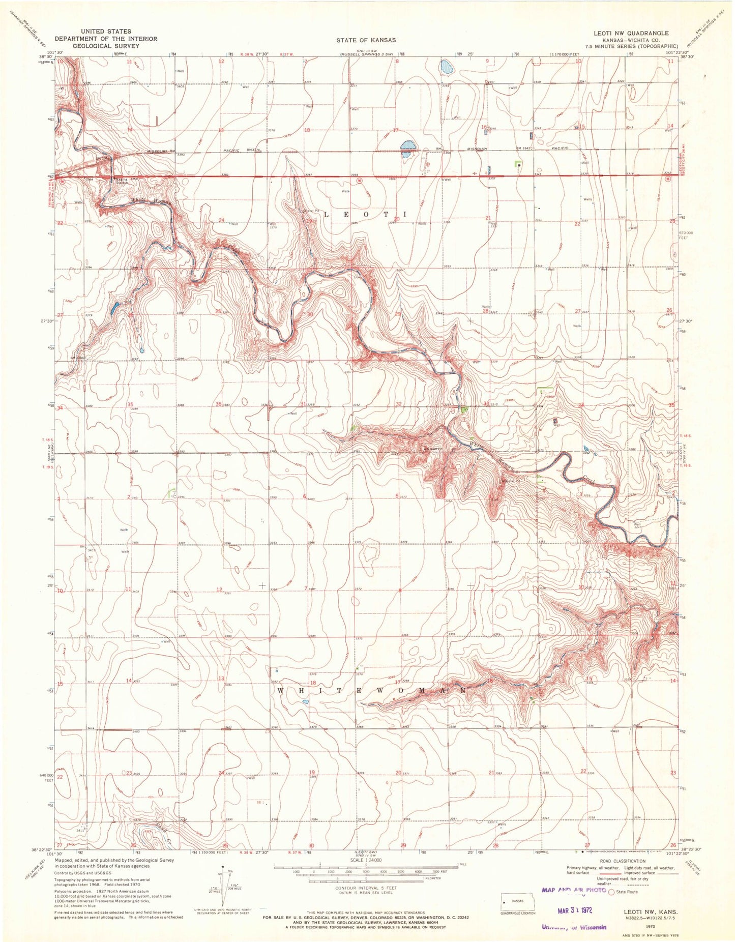 Classic USGS Leoti NW Kansas 7.5'x7.5' Topo Map Image