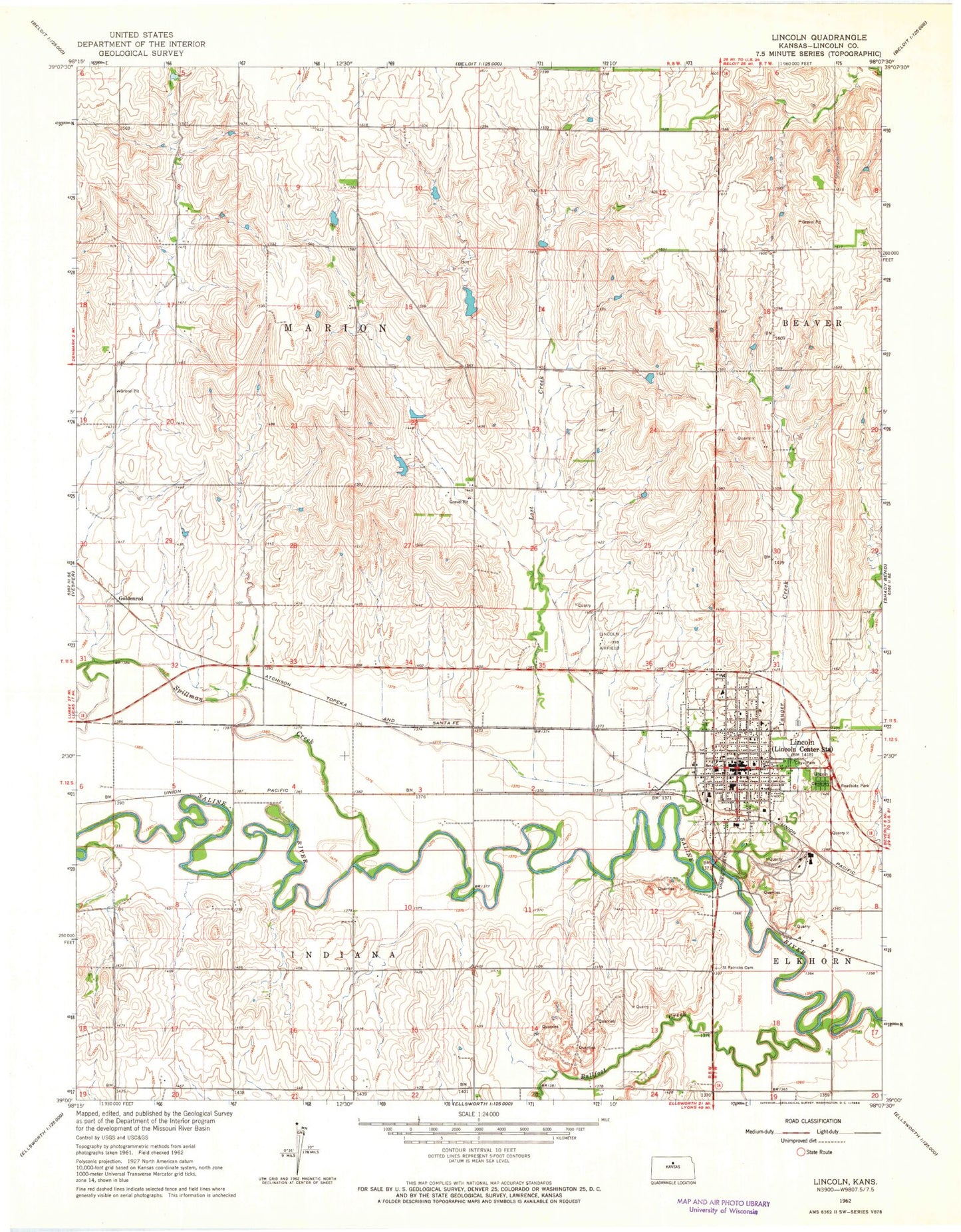Classic USGS Lincoln Kansas 7.5'x7.5' Topo Map Image