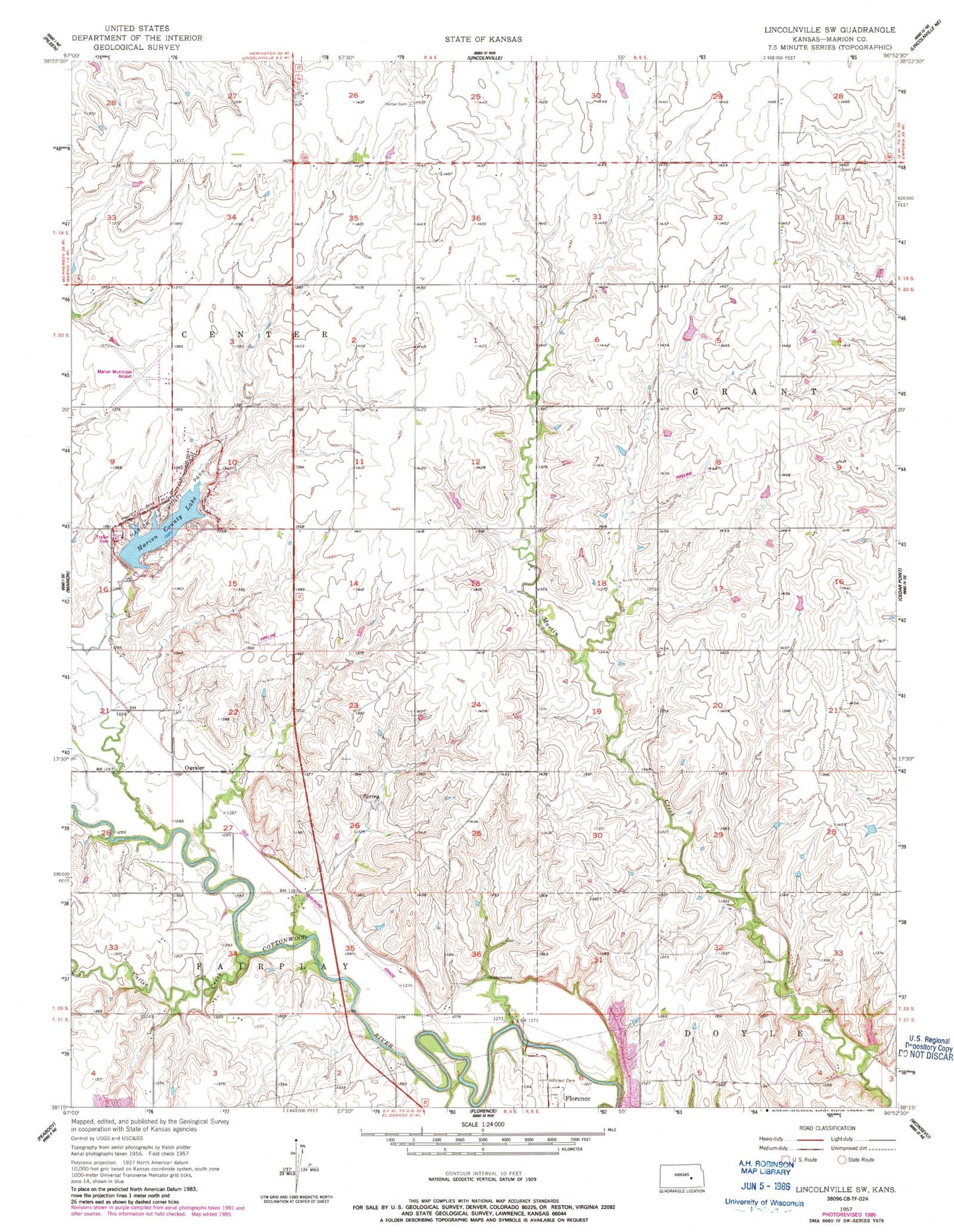 Classic USGS Lincolnville SW Kansas 7.5'x7.5' Topo Map Image