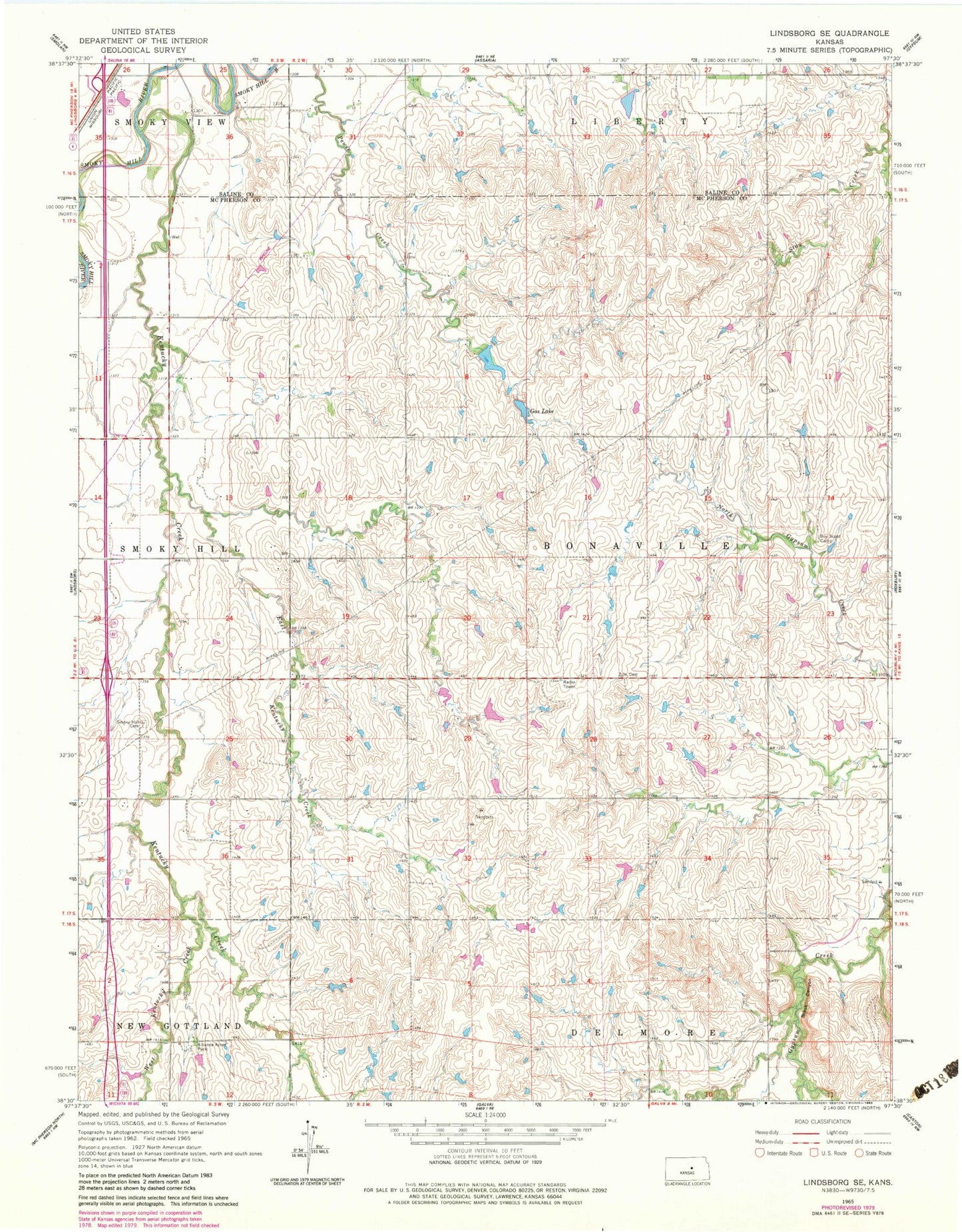 Classic USGS Lindsborg SE Kansas 7.5'x7.5' Topo Map Image