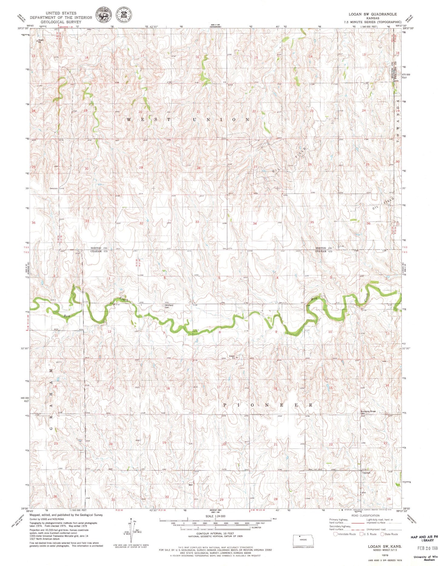 Classic USGS Logan SW Kansas 7.5'x7.5' Topo Map Image
