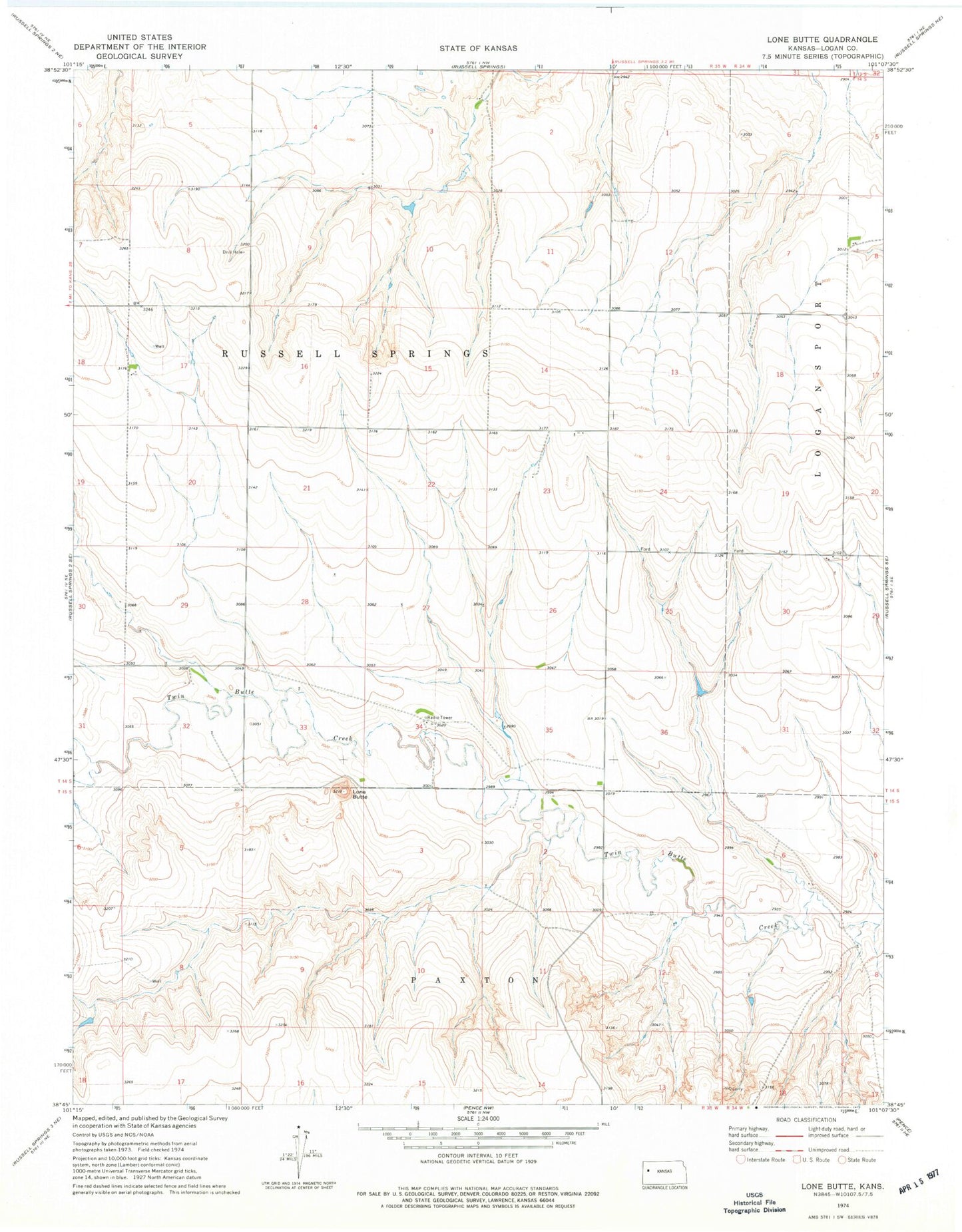 Classic USGS Lone Butte Kansas 7.5'x7.5' Topo Map Image