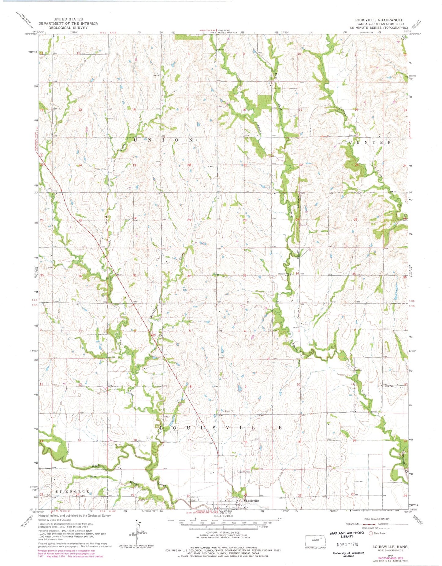 Classic USGS Louisville Kansas 7.5'x7.5' Topo Map Image