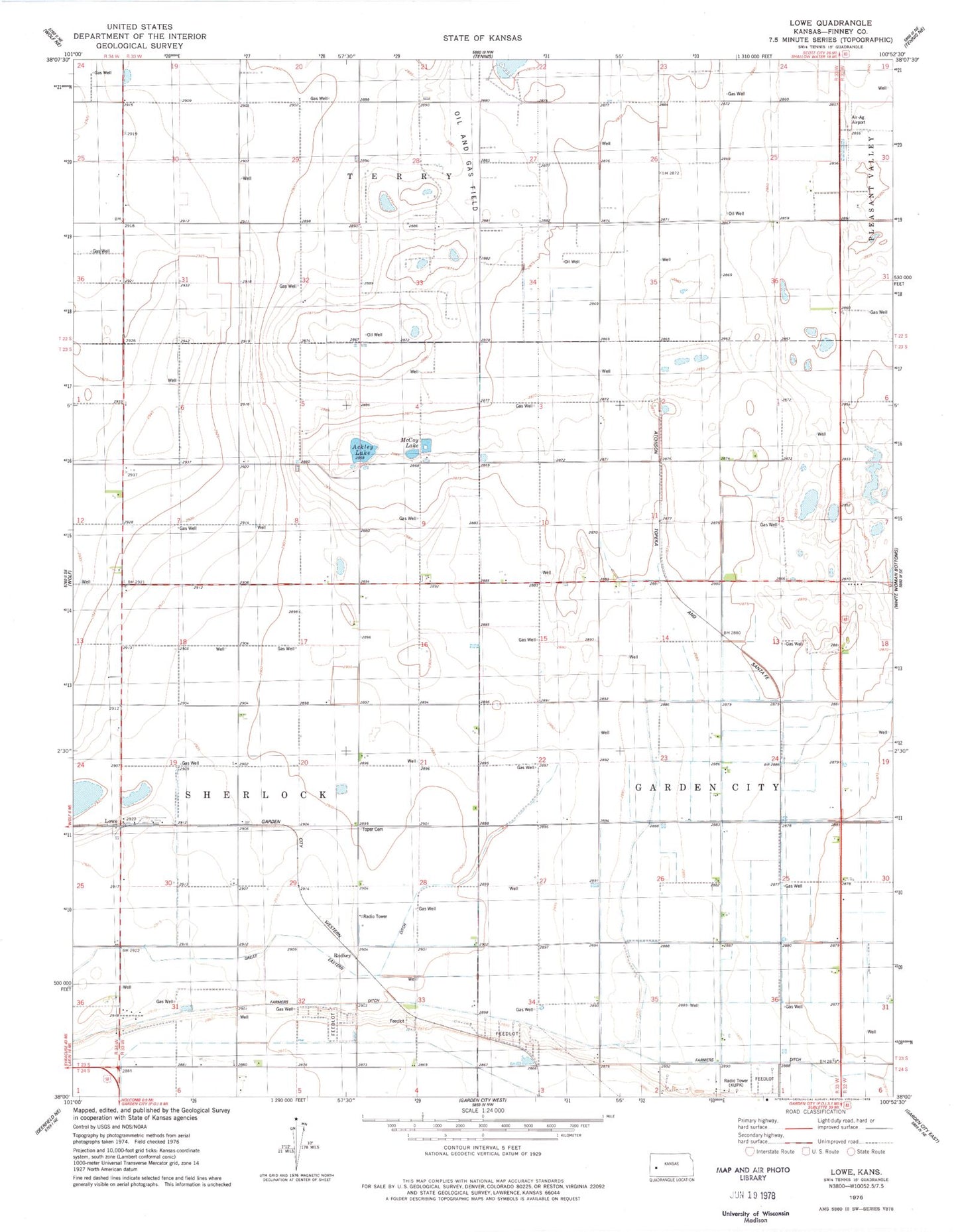 Classic USGS Lowe Kansas 7.5'x7.5' Topo Map Image