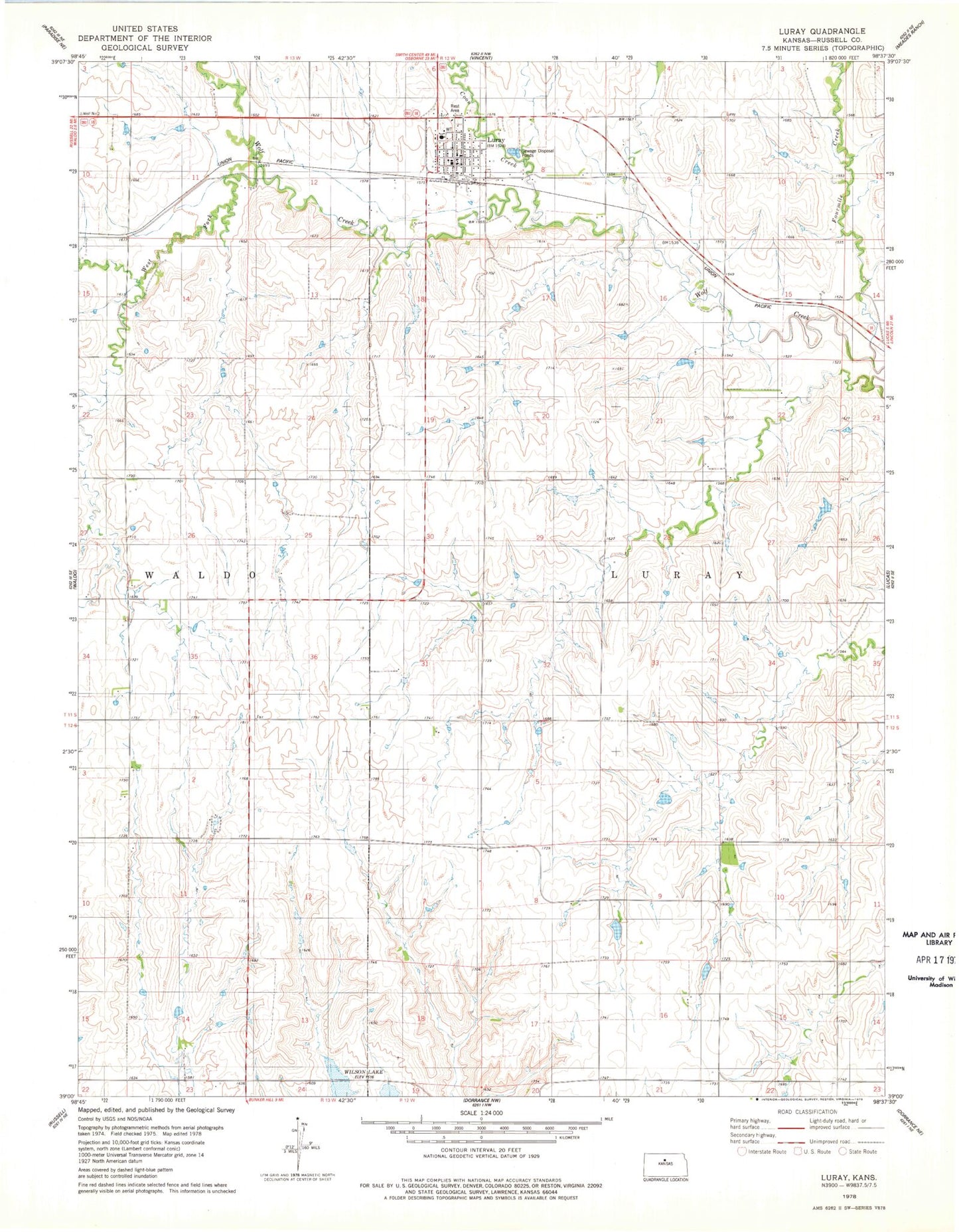 Classic USGS Luray Kansas 7.5'x7.5' Topo Map Image