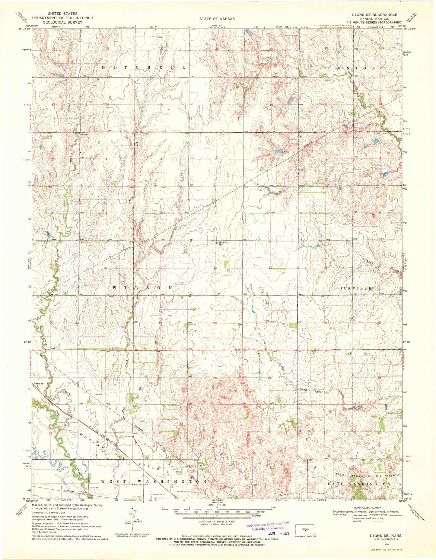 Classic USGS Lyons SE Kansas 7.5'x7.5' Topo Map Image
