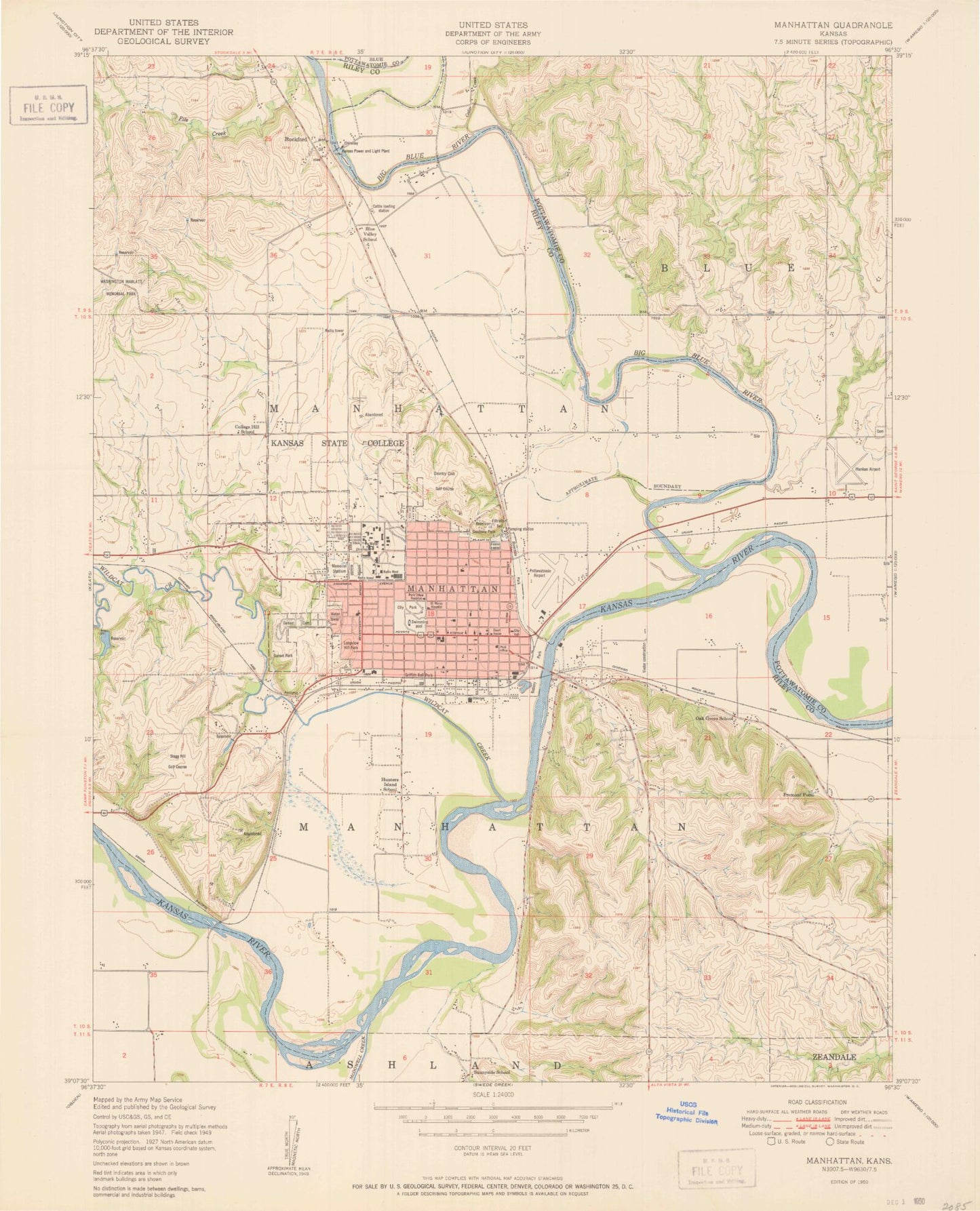 Classic USGS Manhattan Kansas 7.5'x7.5' Topo Map Image