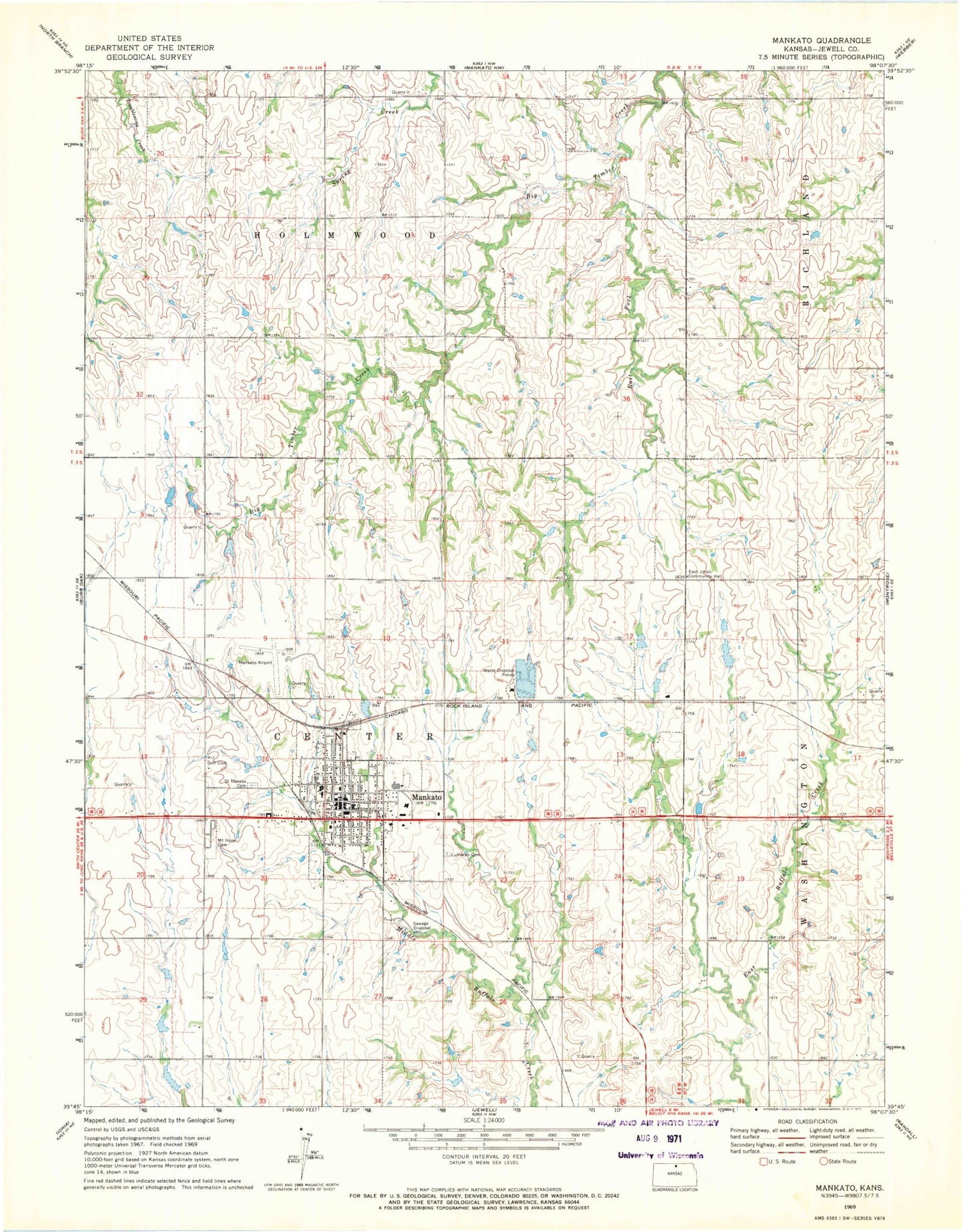 Classic USGS Mankato Kansas 7.5'x7.5' Topo Map Image