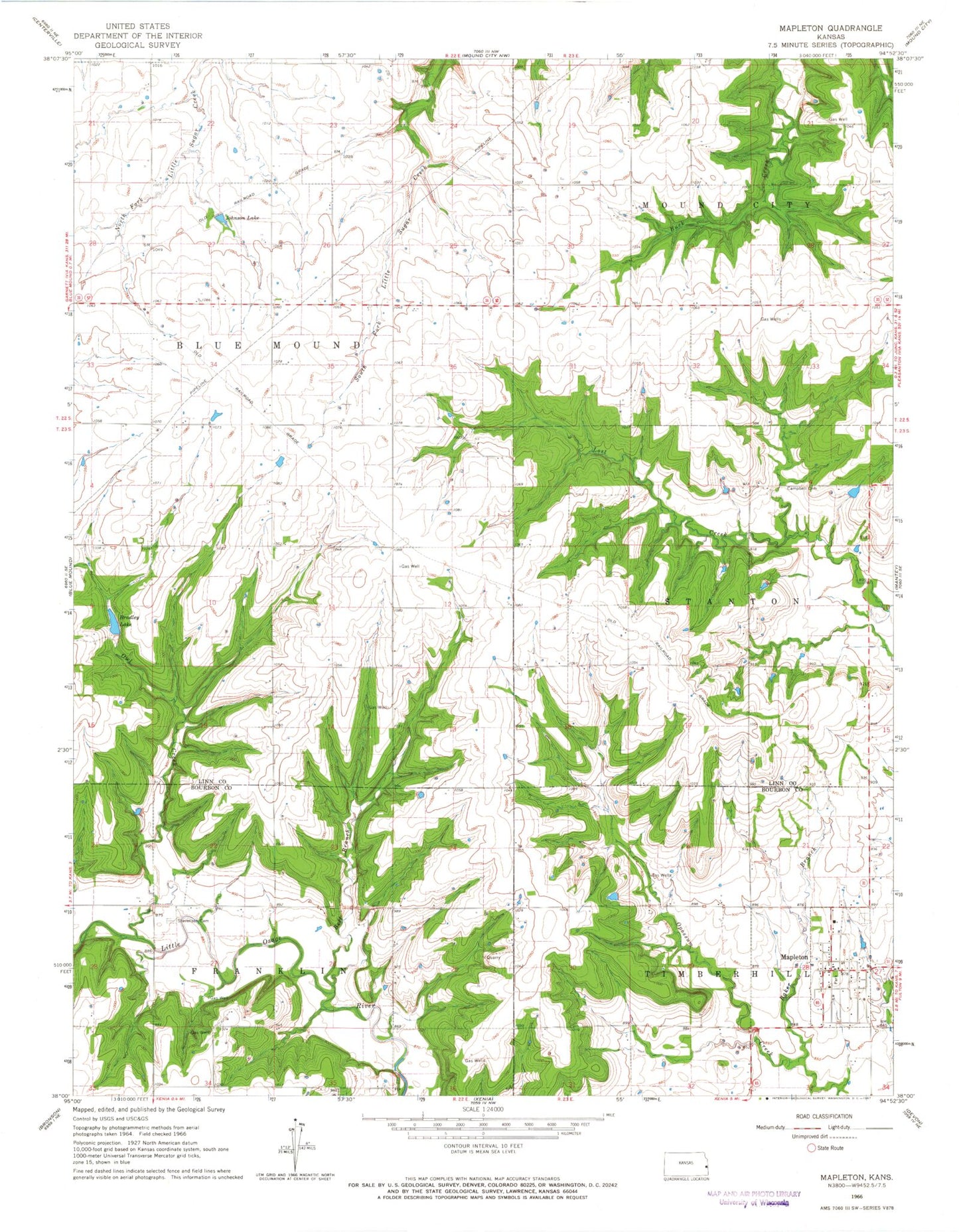 Classic USGS Mapleton Kansas 7.5'x7.5' Topo Map Image