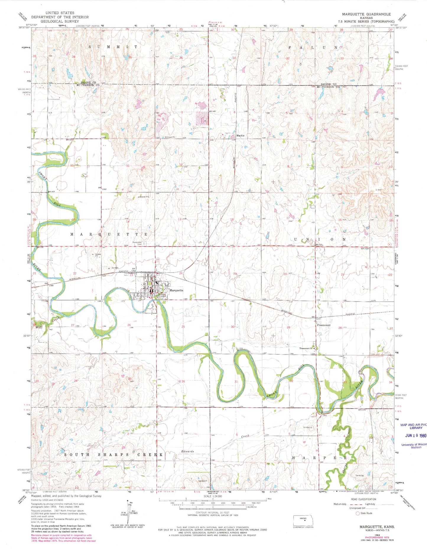 Classic USGS Marquette Kansas 7.5'x7.5' Topo Map Image
