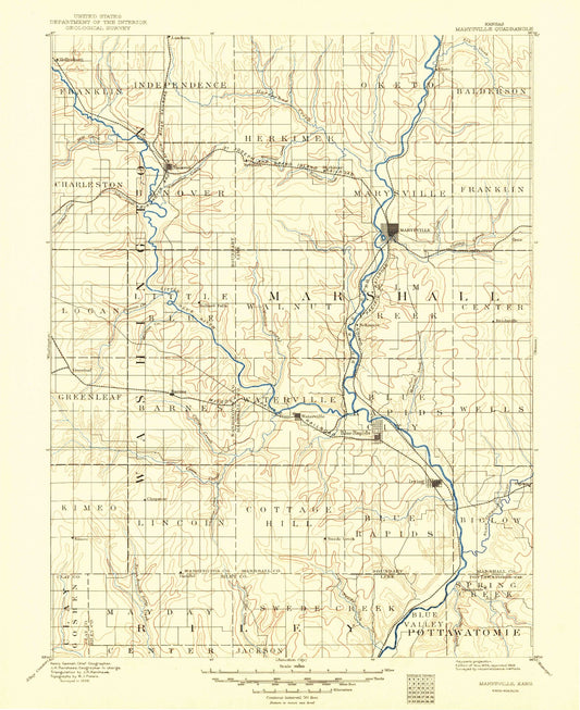 Historic 1894 Marysville Kansas 30'x30' Topo Map Image