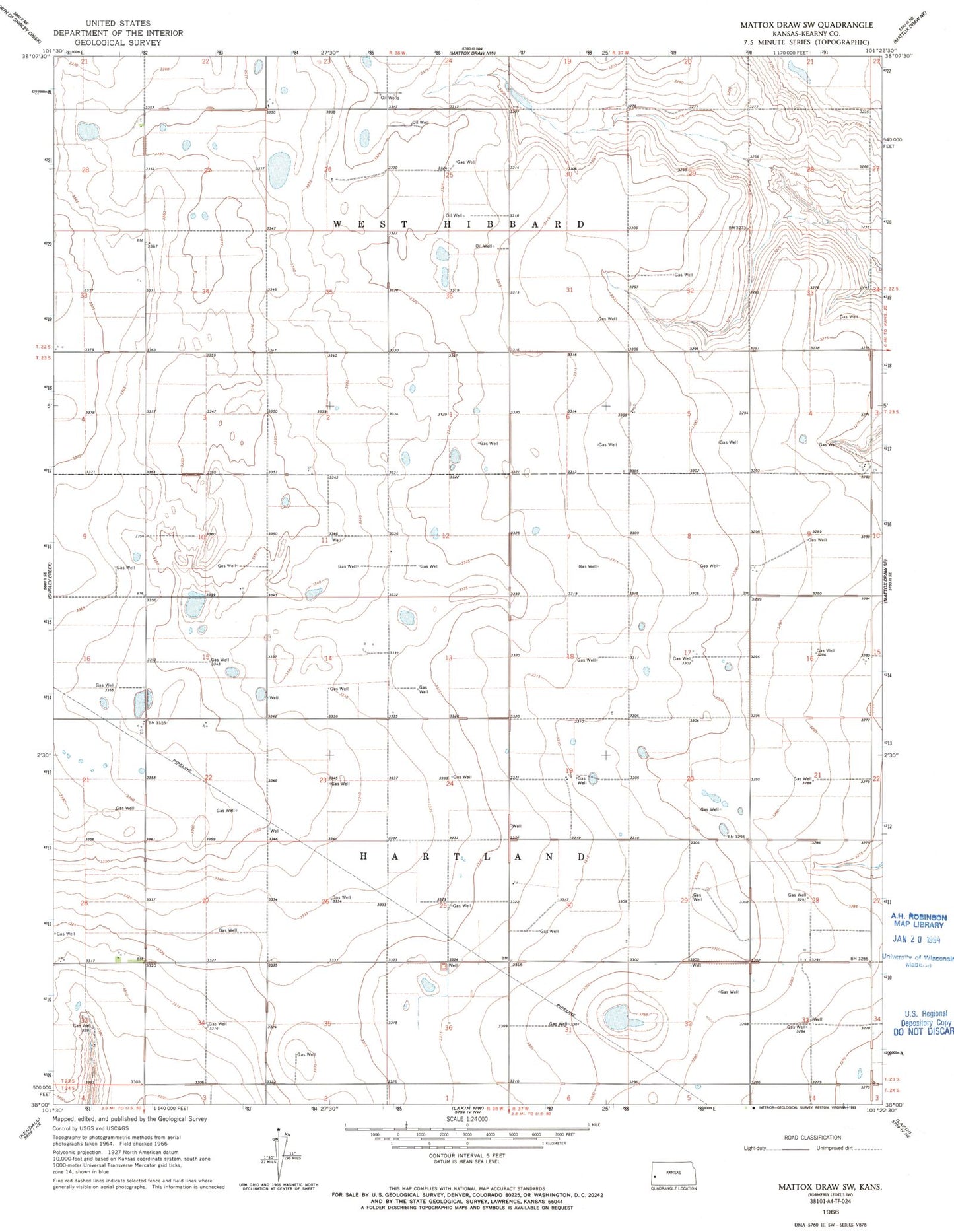 Classic USGS Mattox Draw SW Kansas 7.5'x7.5' Topo Map Image