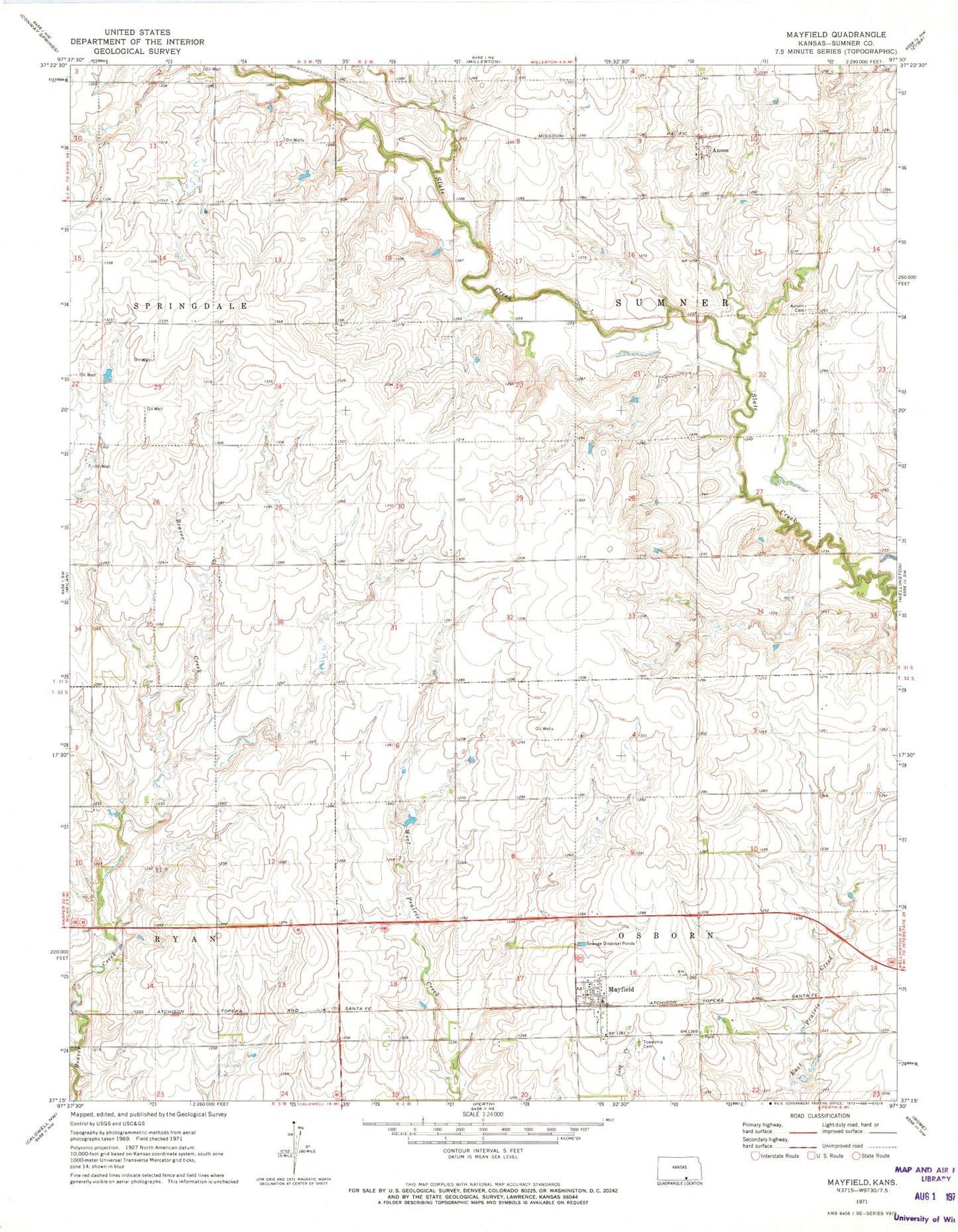 Classic USGS Mayfield Kansas 7.5'x7.5' Topo Map Image