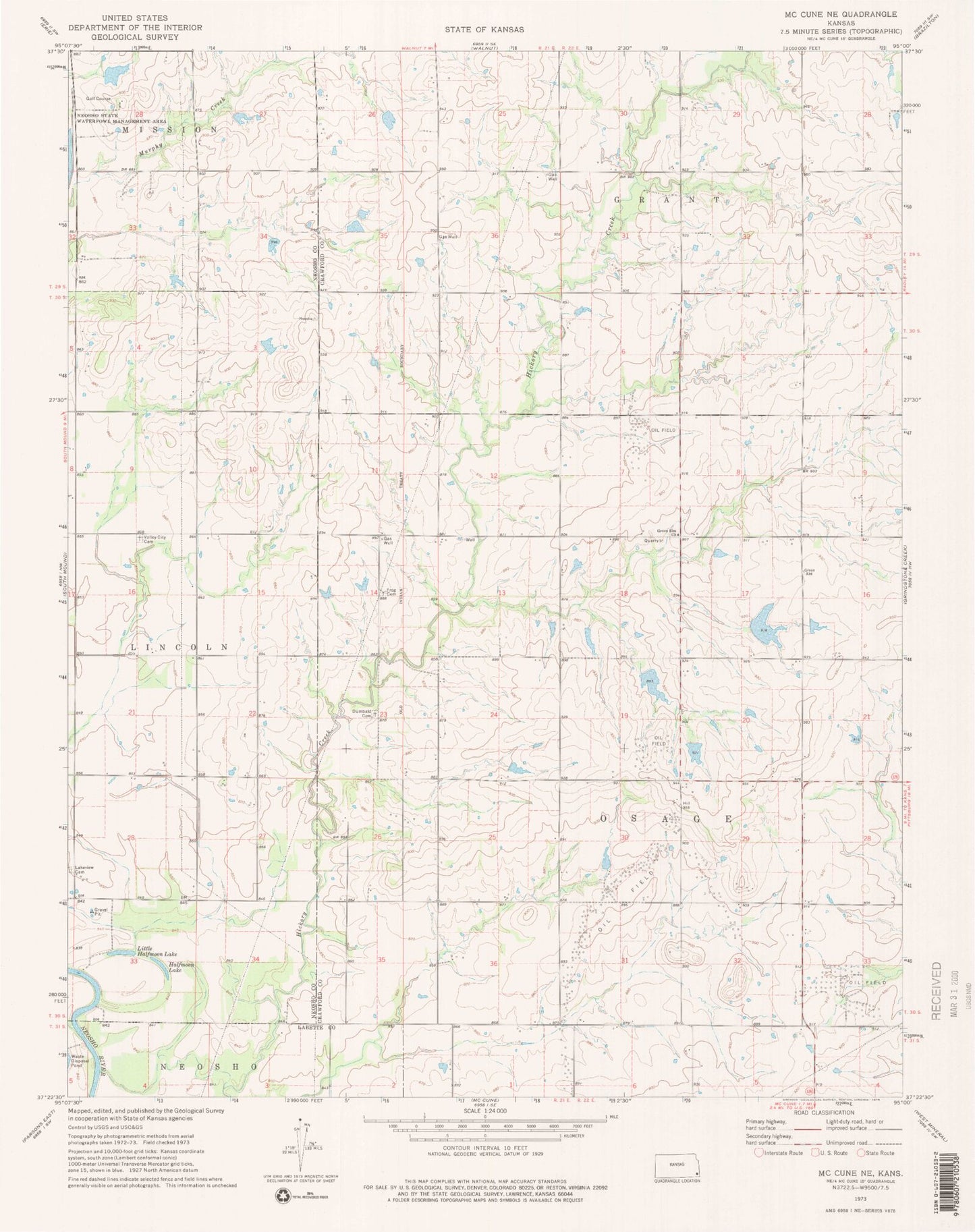Classic USGS McCune NE Kansas 7.5'x7.5' Topo Map Image
