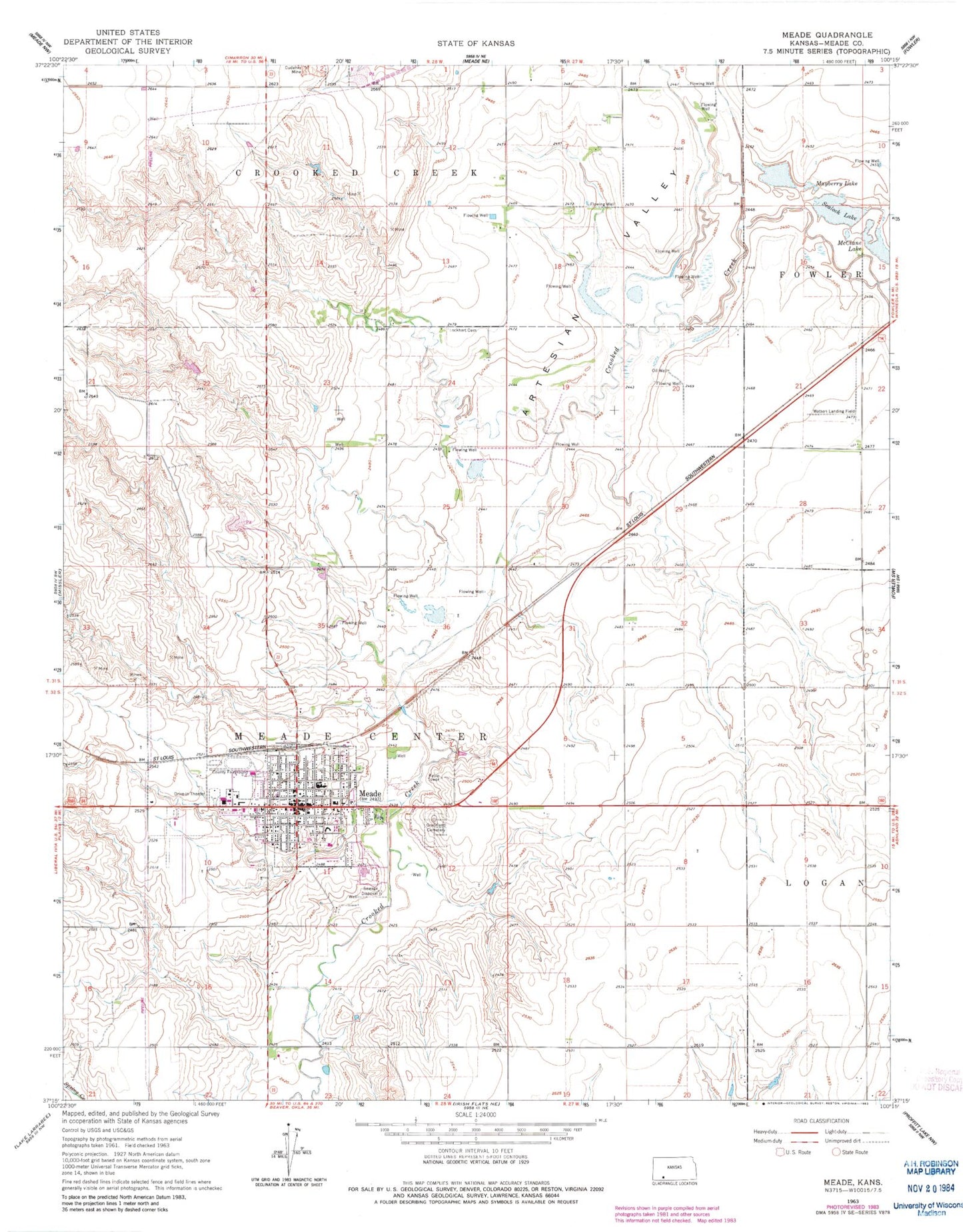 Classic USGS Meade Kansas 7.5'x7.5' Topo Map Image