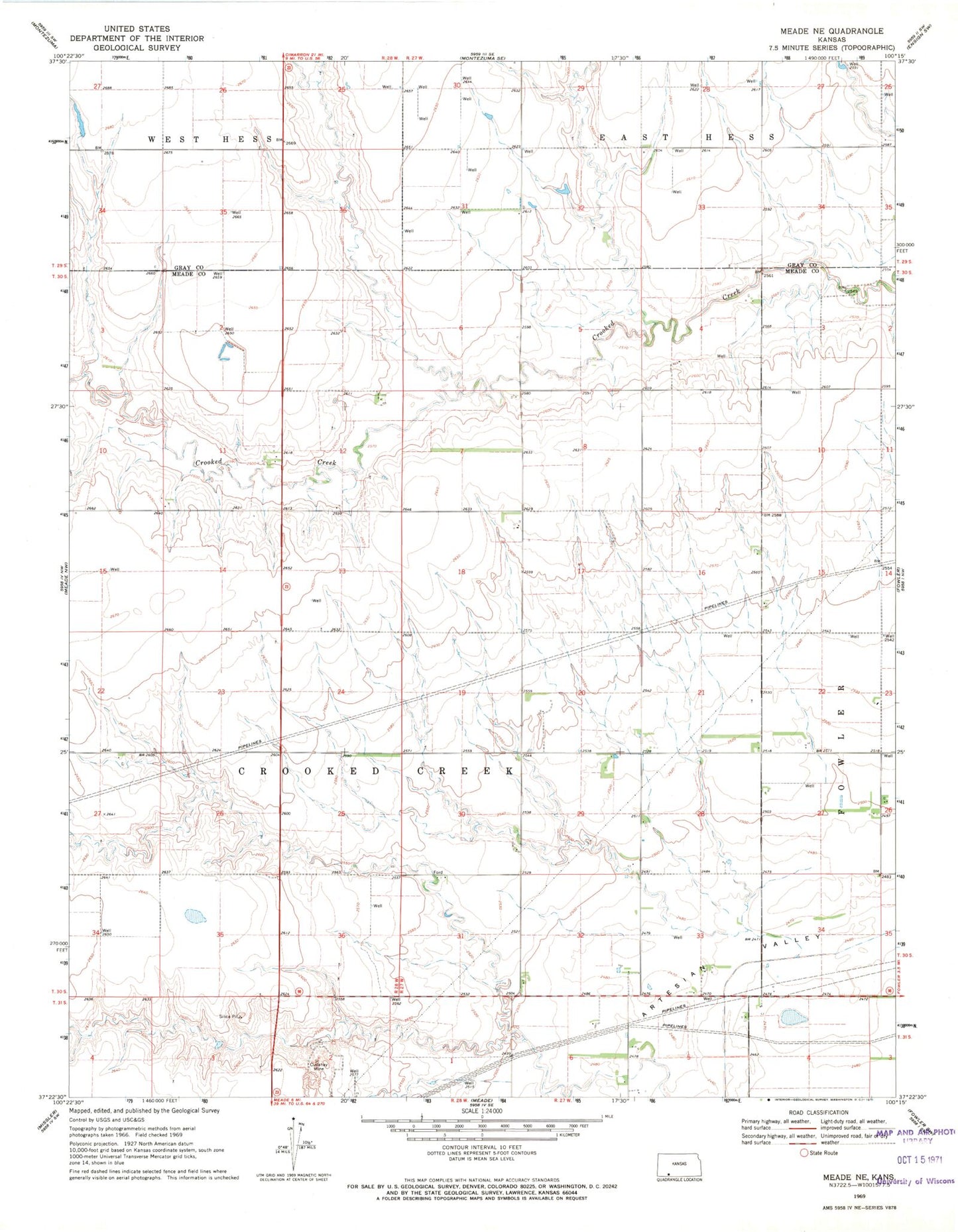 Classic USGS Meade NE Kansas 7.5'x7.5' Topo Map Image